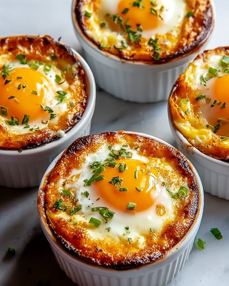 The image shows four black ramekins filled with baked egg dishes on a white plate, set on a white marbled surface. Each ramekin contains two main layers: a crispy, golden-brown base with a slightly browned texture, and a perfectly cooked sunny-side-up egg on top, with a bright yellow yolk surrounded by cooked egg white. The eggs are sprinkled with fresh green parsley, adding a pop of color. The plate has extra parsley leaves scattered around it, enhancing the fresh look. Photo taken with an iphone --ar 4:5 --v 7
