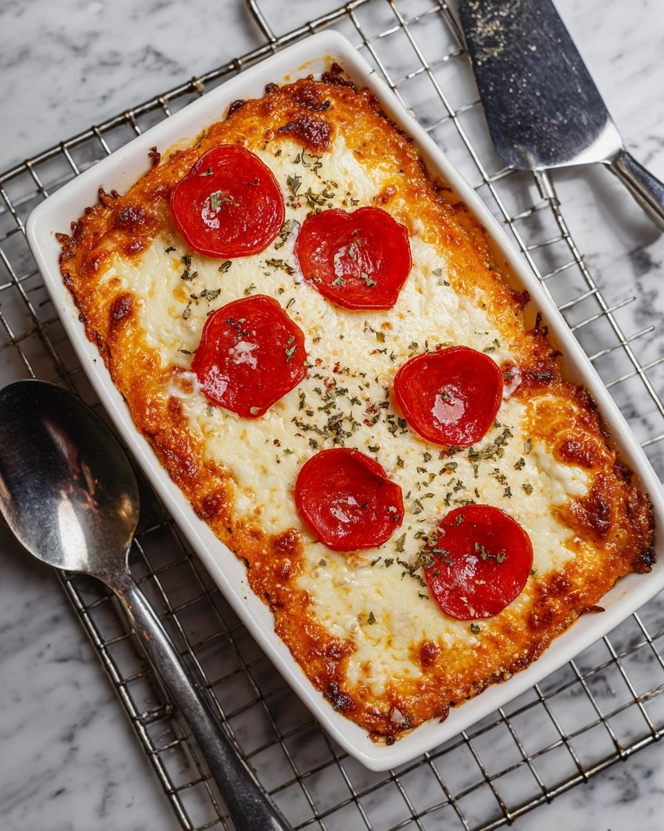 A small rectangular pizza with one thin crust, covered in a layer of melted white cheese that has a slightly browned edge, topped with five glossy red pepperoni slices evenly spaced across the surface. The cheese has a smooth texture with some herbs and red chili flakes sprinkled on top. The pizza is served on a white oval plate placed on a metal cooling rack, which rests on a surface with a white marbled texture. A metal pizza cutter and a spoon are placed near the plate. photo taken with an iphone --ar 4:5 --v 7