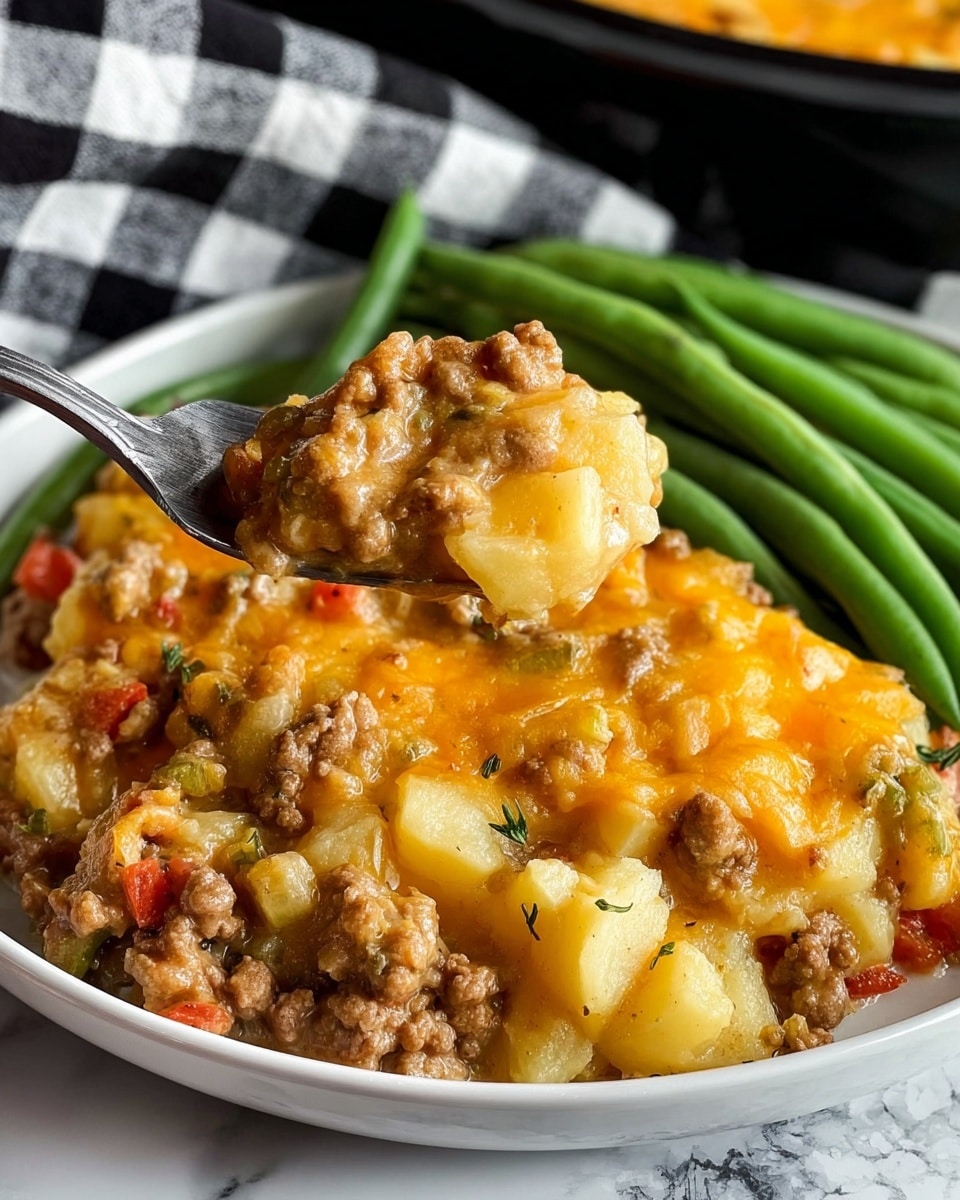 A close-up shows a white plate filled with two main layers of food. The front section has a thick, creamy casserole made of small diced potatoes mixed with ground meat pieces, melted yellow-orange cheese, and small bits of vegetables that add hints of red and green throughout. The texture looks rich and smooth with some chunkiness from the potatoes and meat. Behind the casserole, there is a layer of bright green, steamed green beans arranged side by side, giving a fresh and crisp contrast to the creamy front. A silver fork lifts a spoonful of the casserole, showing its thick, gooey texture. The plate is set on a white marbled surface with a black and white checkered cloth in the background. Photo taken with an iphone --ar 4:5 --v 7