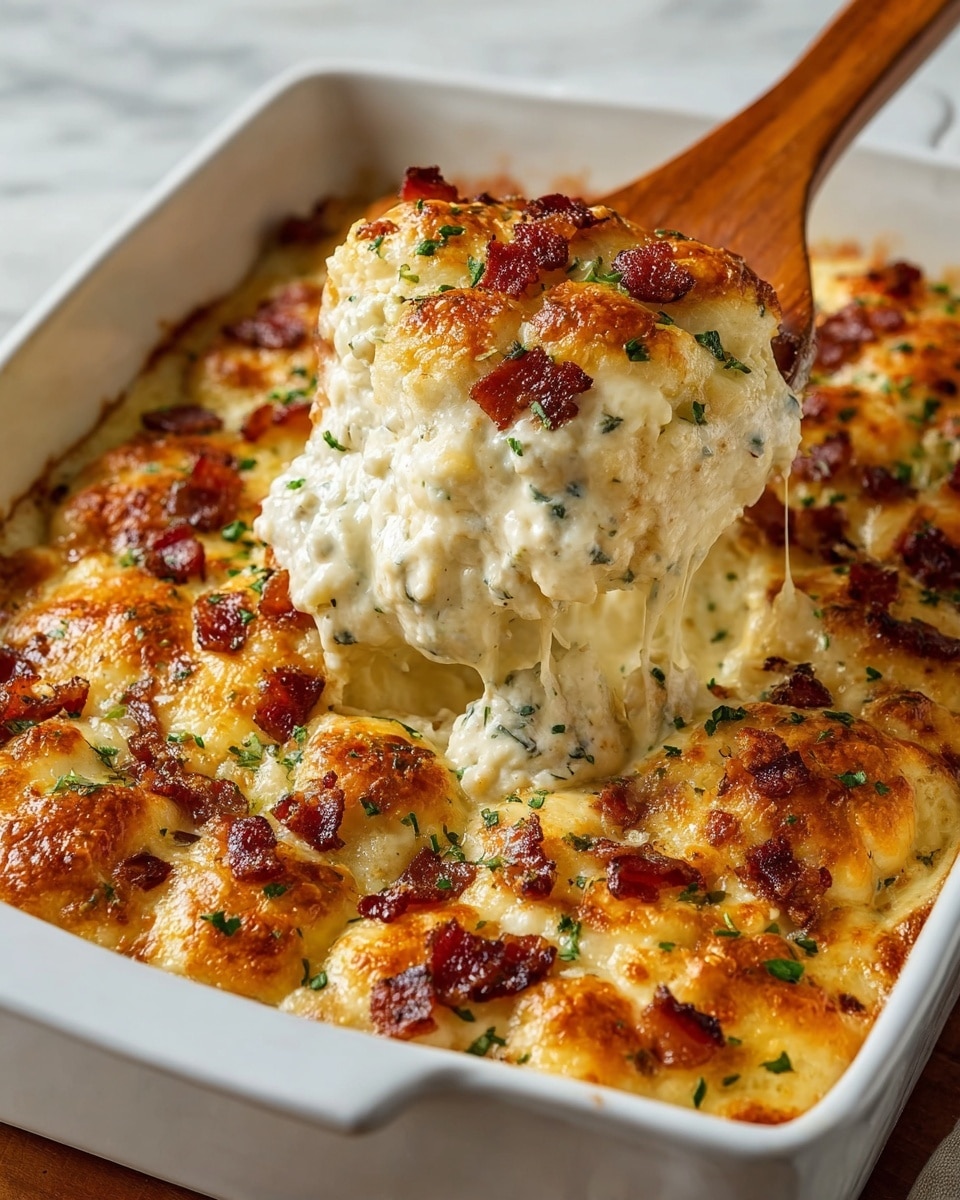 The image shows a white rectangular baking dish filled with round, golden-brown biscuit-like layers with a crispy top. The biscuit tops are slightly browned with small green herb sprinkles and scattered pieces of crispy bacon, adding red and dark brown tones. A wooden spoon lifts a portion revealing melted, gooey white cheese strings stretching down, mixed with a creamy sauce and tender pieces of chicken underneath the biscuit layer. The background surface is a white marbled texture, and a blue cloth is slightly visible in the background. photo taken with an iphone --ar 4:5 --v 7
