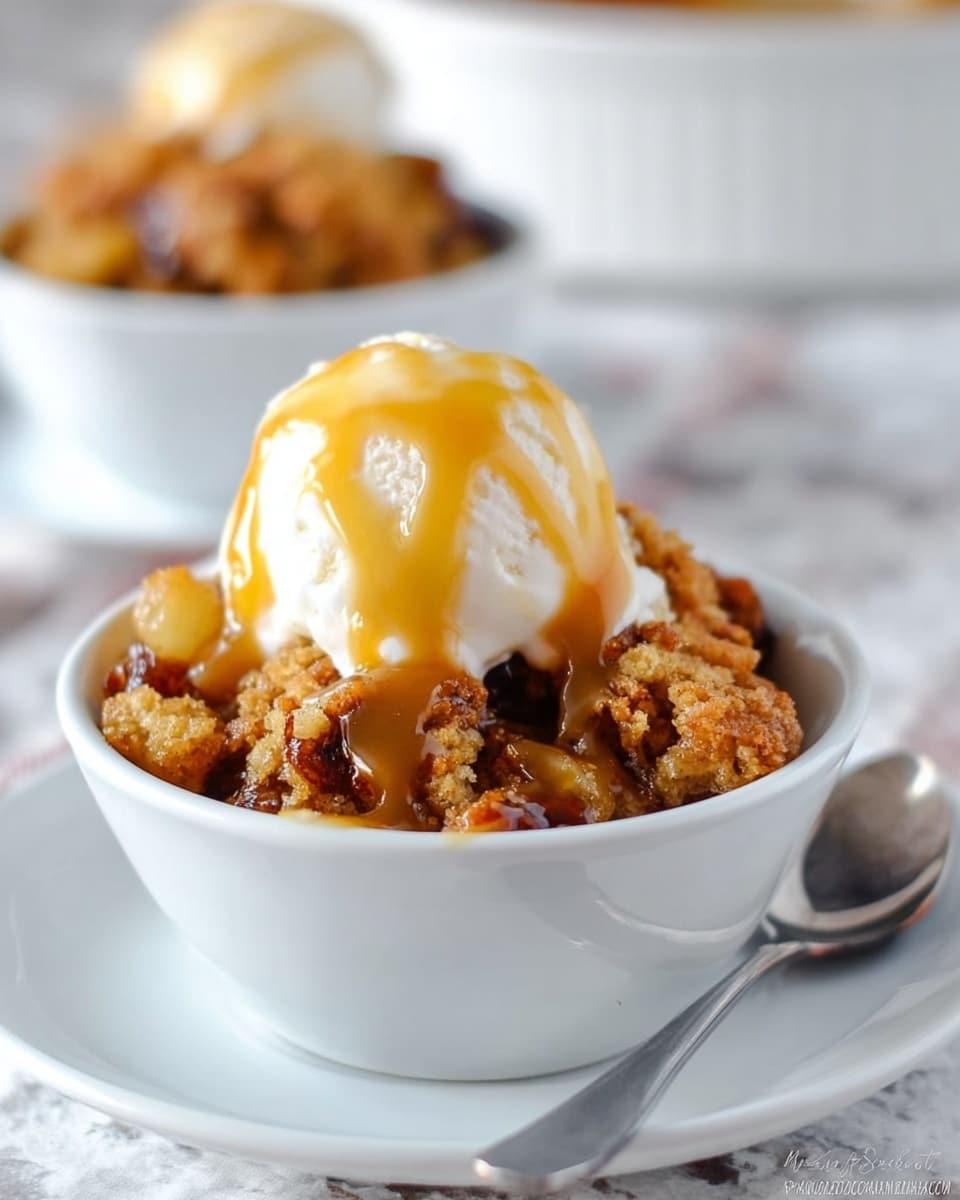 A white bowl holds a warm dessert with three visible layers: the bottom layer is a chunky, golden-yellow baked apple mixture, topped with a thick, crumbly cinnamon-brown streusel layer that adds texture, and a scoop of white vanilla ice cream sits on top, partially melting. Caramel sauce, golden and glossy, drips down the ice cream onto the streusel. The bowl is placed on a white plate, on a white marbled surface, with a silver spoon lying next to it. In the background, there is a blurred second similar bowl. photo taken with an iphone --ar 4:5 --v 7