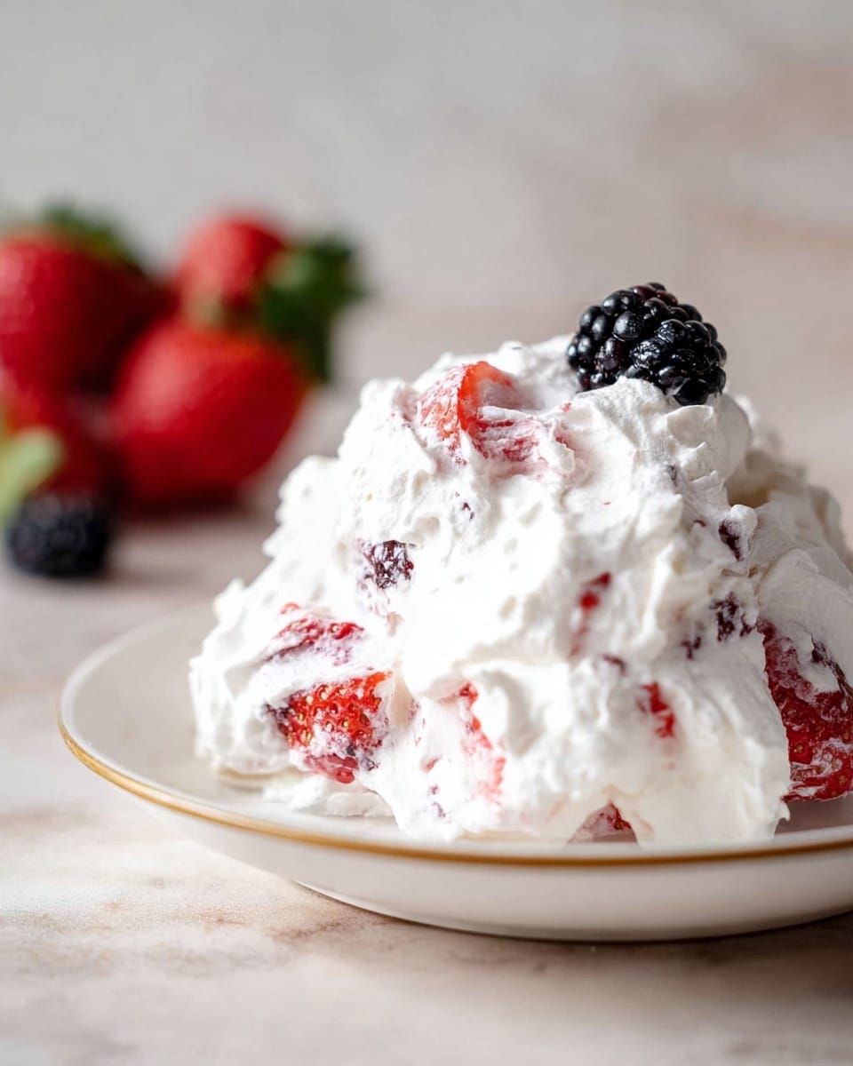 A thick pile of white whipped cream mixed with red strawberry pieces and a single blackberry on top is spread loosely on a white plate with a thin golden rim. The strawberries are partially covered, showing their red color and seeds, while the whipped cream looks soft and fluffy. In the blurred background, there are whole strawberries resting on a white marbled surface. photo taken with an iphone --ar 4:5 --v 7