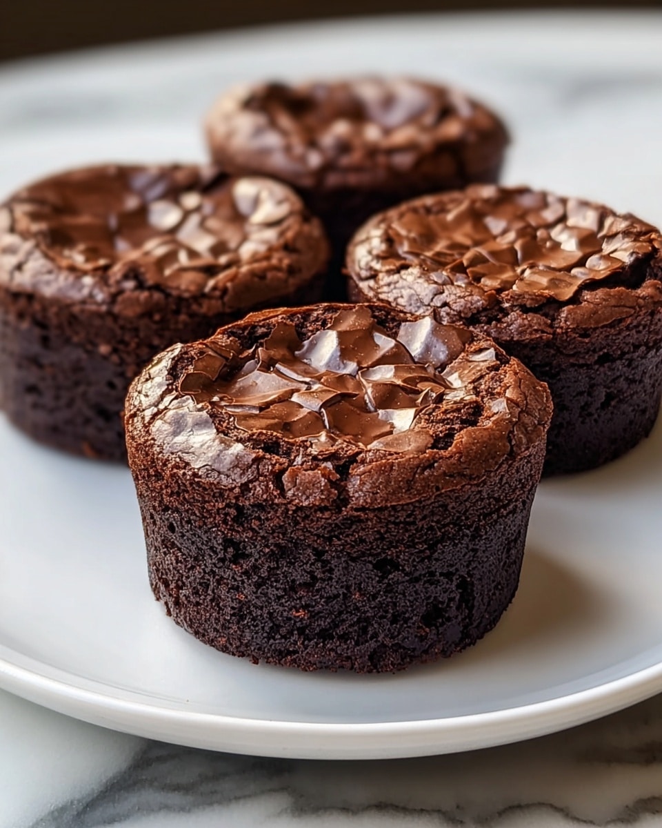 Four round chocolate brownies sit close together on a smooth white plate placed on a white marbled surface. Each brownie has a cracked, shiny dark brown top layer that looks crisp and thin, while the sides are a darker, moist-looking chocolate color with small air holes. The brownies appear dense and rich with slight variations in the cracked top texture, making them look freshly baked and soft inside. The background is softly blurred, focusing attention on the brownies in the front. photo taken with an iphone --ar 4:5 --v 7