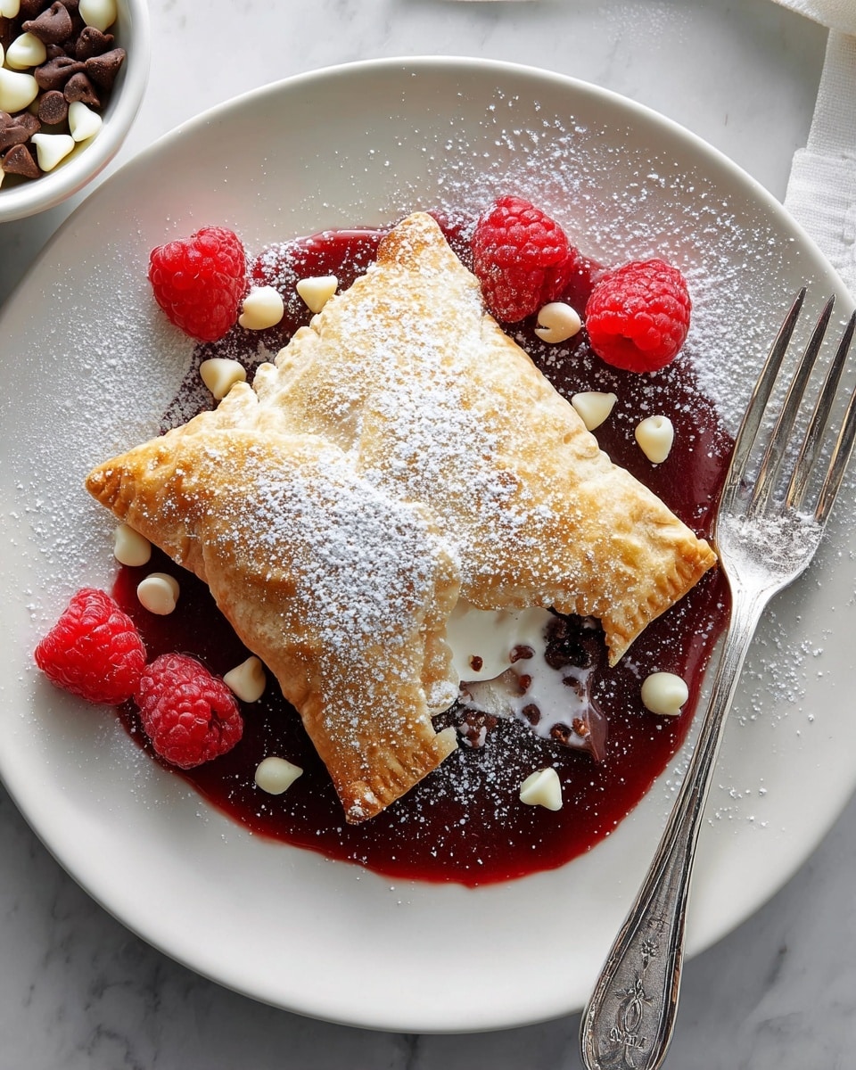 A white plate sits on a white marbled surface, holding a golden-brown folded pastry with a light dusting of powdered sugar on top. The pastry is slightly opened, revealing a hint of chocolate chips inside. Beneath the pastry is a pool of deep red raspberry sauce, with a few fresh raspberries placed around the main item. Scattered on and near the pastry are both white and milk chocolate chips, adding contrast to the warm color of the pastry. On the right side of the plate lies an ornate silver fork that also has a light dusting of powdered sugar nearby. Photo taken with an iphone --ar 4:5 --v 7