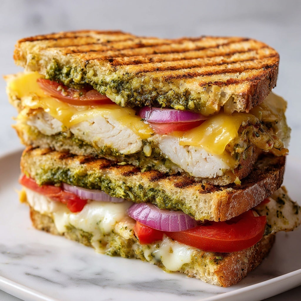 The image shows an Italian Chicken Panini with three visible layers inside a golden-brown toasted bread with a crispy texture featuring a wavy top crust. The first layer is bright green pesto spread with a slightly coarse texture, spread evenly on the bread base. The second layer includes slices of cooked, light tan chicken breast with a tender and juicy look, placed over the pesto. Above the chicken, there are thin slices of deep red sun-dried tomatoes adding pops of vibrant color. The top layer has melted, pale yellow cheese that looks creamy and gooey, slightly dripping over the vegetables under it. Thin rings of purple onions peek out from between the cheese and bread top. The sandwich sits on a white plate with soft shadows, set on a white marbled surface. Photo taken with an iphone --ar 4:5 --v 7