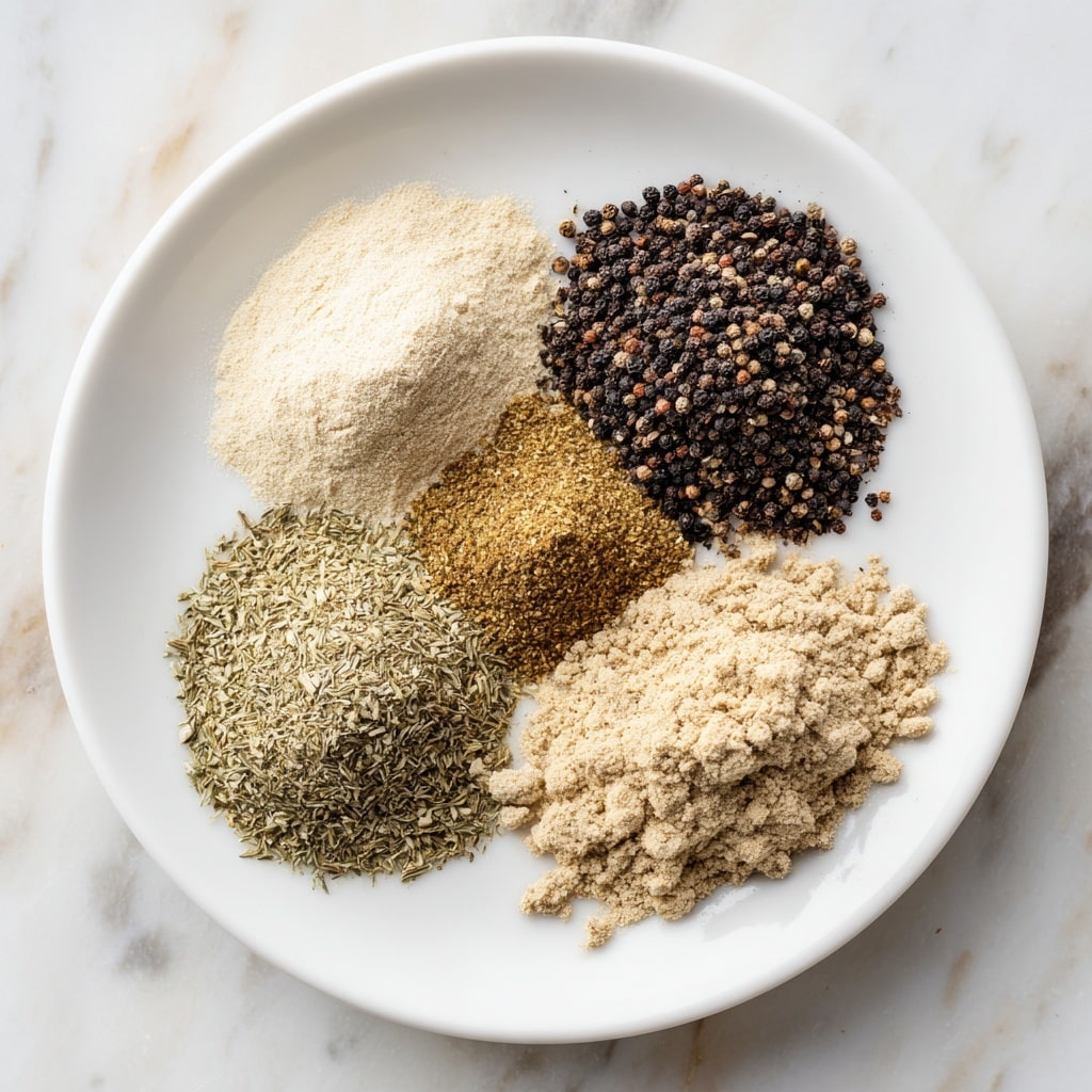 A close-up view of five small piles of different seasonings arranged in a loose circle on a white surface. The top right pile is a light brown powder with a fine, crumbly texture. Just below it, to the right, is an orange-brown powder that looks coarser and flaky. The bottom center features a greenish-brown powder with a dry, herb-like texture. To the left, there is a pale beige, fine-grained powder. Above that, near the center, is a pile of cracked black and brown pepper with a rough texture. All the seasonings are set against a white marbled texture. Photo taken with an iphone --ar 4:5 --v 7