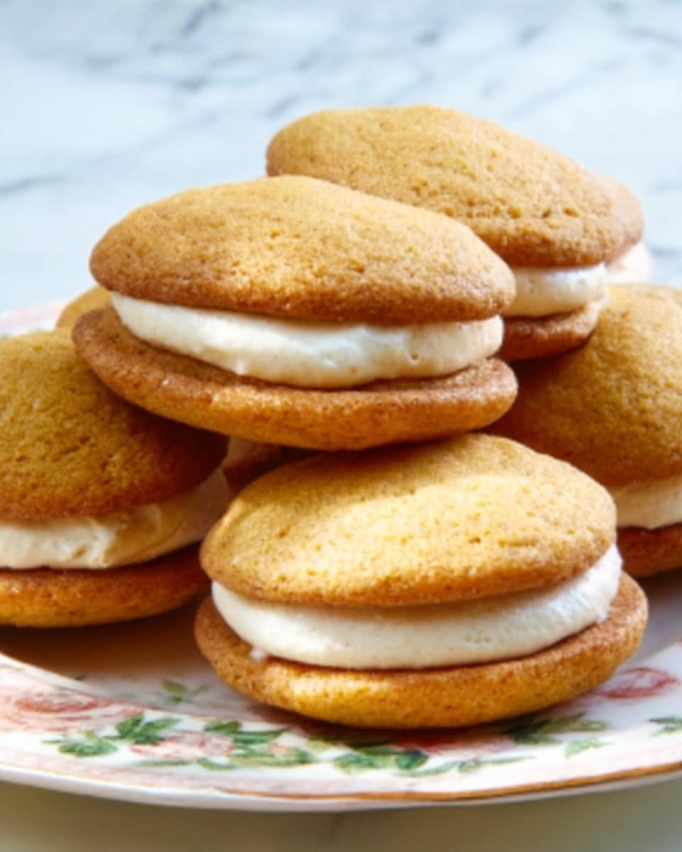 The image shows four soft, golden brown sandwich cookies arranged closely on a white plate with a floral pattern. Each cookie is made of two round, slightly domed layers with a smooth, creamy white filling in the middle, creating a neatly stacked look. The cookies have a slightly rough texture with small cracks on the surface. The background features a white marbled texture, adding a clean and bright feel to the photo taken with an iphone --ar 4:5 --v 7