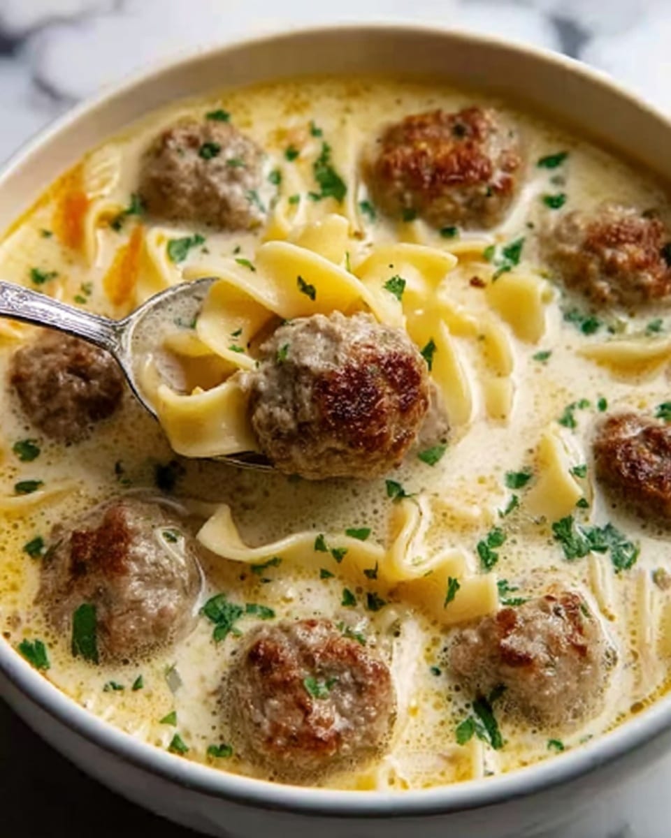 A close-up view of a bowl filled with creamy soup that has a light yellow broth with visible swirls of cream. The soup contains several browned meatballs, some resting on the surface and one being scooped up by a spoon. There are also broad egg noodles in the soup, yellowish and slightly curled. Small green herbs are sprinkled throughout, adding a touch of color. The bowl is white, and the background has a white marbled texture. Photo taken with an iphone --ar 4:5 --v 7