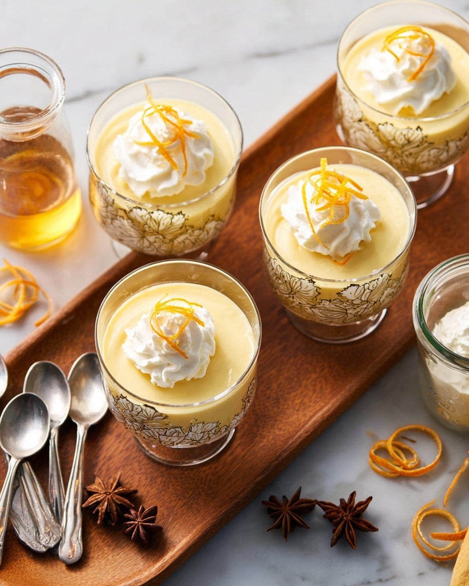 Four glass dessert cups with a floral pattern are filled with a thick, smooth pale yellow pudding. Each cup has a single dollop of white whipped cream on top, garnished with thin orange peel strips. The cups are placed on a wooden tray resting on a white marbled surface. Around the tray are star anise, cloves, additional orange peel strips, a glass with golden liquid, a small jar of whipped cream, and three silver spoons lying on the tray. Photo taken with an iphone --ar 4:5 --v 7