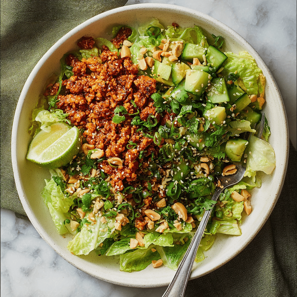 The dish is served in a white bowl with a brown rim, placed on a green cloth on a white marbled surface. It has two main layers: the bottom layer is finely chopped cooked orange-brown textured lentils or grains, mixed with chopped green onions and herbs. The top layer consists of fresh, light green, chopped leafy lettuce, sliced avocado pieces in bright green, and sliced cucumber chunks with dark green skin. White sesame seeds are sprinkled on top, adding a light touch. A squeezed lime half sits on the side inside the bowl, and a silver fork is placed in the middle of the dish, partially resting on the ingredients. Photo taken with an iphone --ar 4:5 --v 7