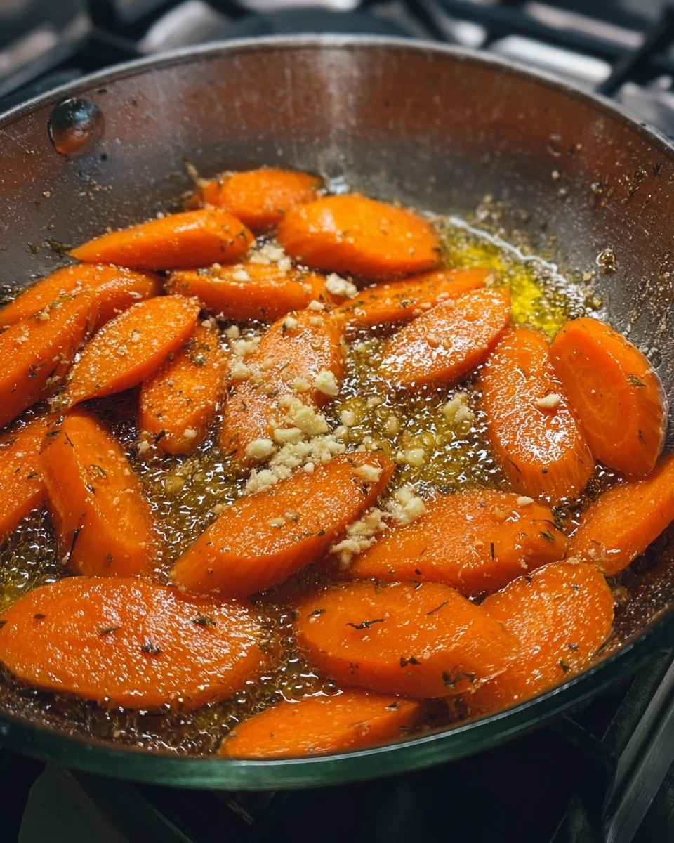 The image shows a glass pan filled with sliced orange carrots cooking in a layer of bubbling golden-brown oil or butter, sprinkled in the center with small white minced garlic pieces. The carrots are cut in thick oval slices with a soft texture and some herbs or seasoning speckled on them. The pan is positioned on a stove with the metal burner visible in the background. photo taken with an iphone --ar 4:5 --v 7