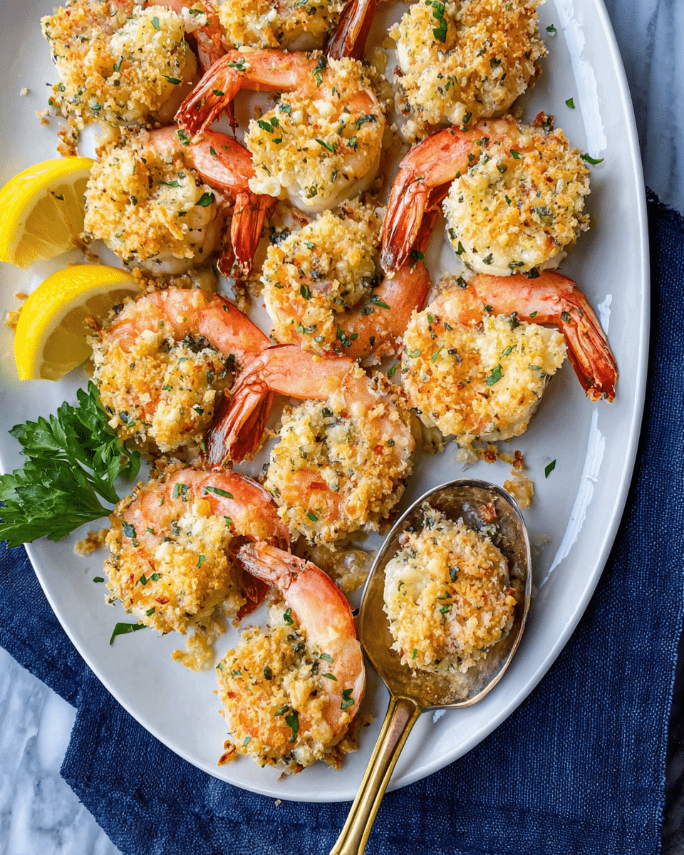 A white round plate holds a meal with three main sections: on the left, white fluffy rice fills about one-third of the plate, with a bronze spoon partially resting on it; next to the rice are four large shrimp coated with a golden, crispy breadcrumb and herb topping, showing pink and white colors with crunchy textured coating; at the top of the plate, fresh, glossy green beans are neatly aligned, adding a bright green layer; a lemon wedge with a bright yellow peel and juicy inner flesh sits near the shrimp, adding a pop of color. The entire plate is set on a white marbled surface. photo taken with an iphone --ar 4:5 --v 7
