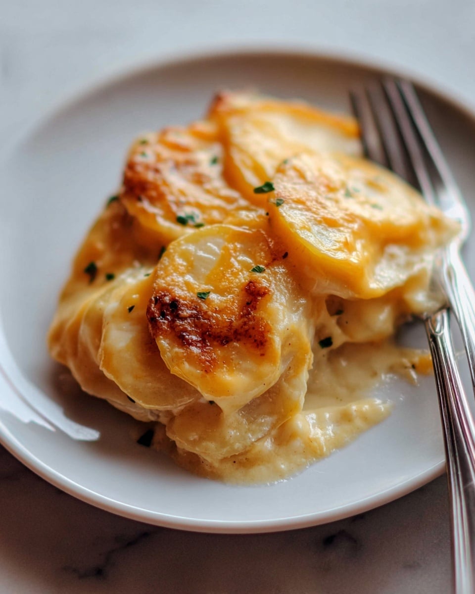 A close-up of a creamy scalloped potato dish served on a white plate with three visible layers of thin, round potato slices that are pale yellow with some golden brown, slightly crispy edges. Between the layers, thick, smooth cheesy sauce with a light orange color coats the potatoes, oozing slightly onto the plate. There are small green herb pieces sprinkled on top, adding a touch of color. A shiny silver fork rests partially on the right side of the plate. The whole scene is set on a white marbled surface. photo taken with an iphone --ar 4:5 --v 7