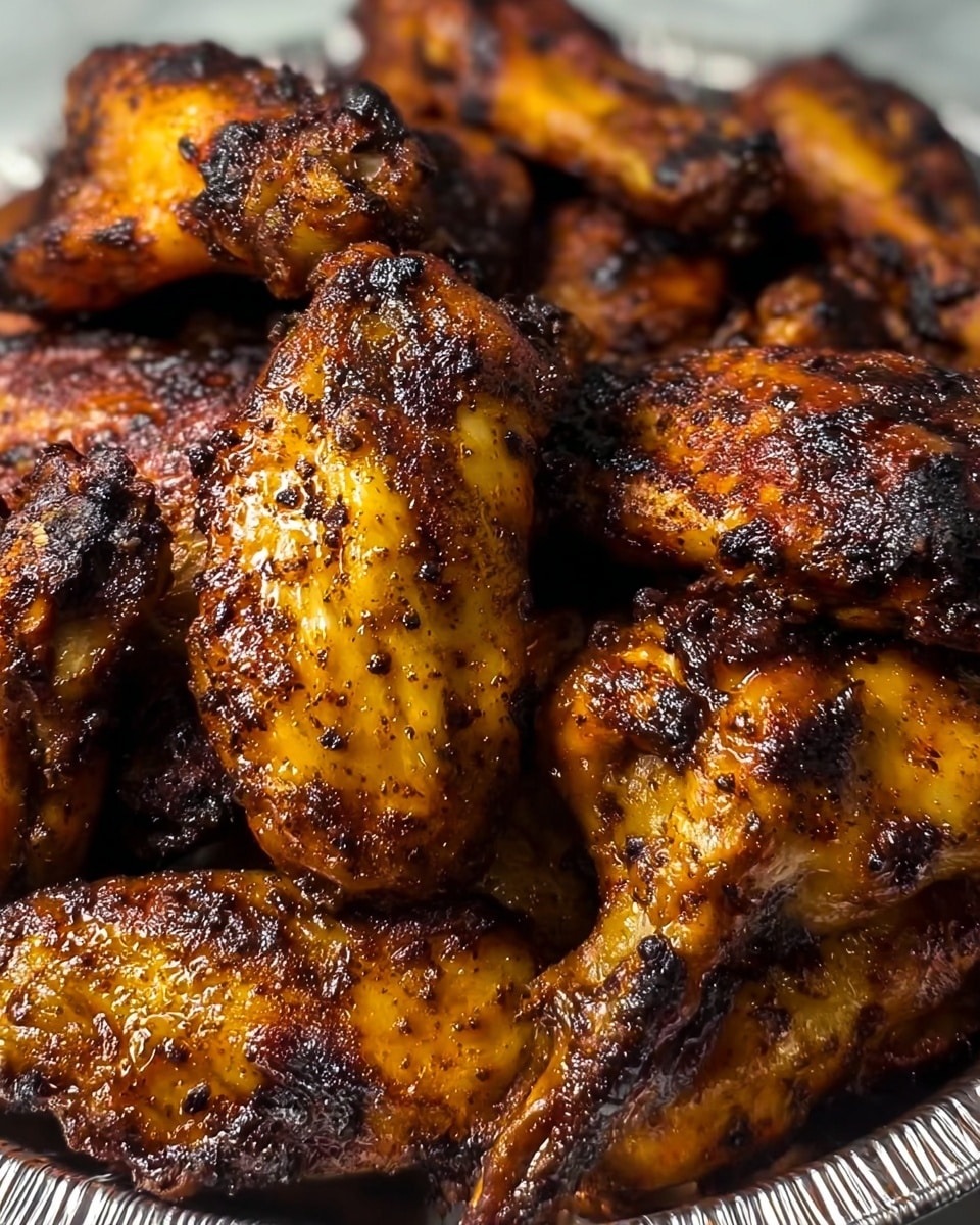 A close-up view shows a large stack of grilled chicken wings piled high in a round white aluminum tray. The wings have a deep golden brown color with dark char marks and a shiny, slightly oily surface that highlights their crispy skin. The texture looks rough and uneven from the grill’s caramelization, making them appear juicy and well-cooked. The layers of chicken wings overlap each other, filling the tray entirely, with some wings showing a clear mix of yellow and blackened parts. The photo is tightly framed to focus only on the wings and tray, with a white marbled surface faintly visible around the edges photo taken with an iphone --ar 4:5 --v 7