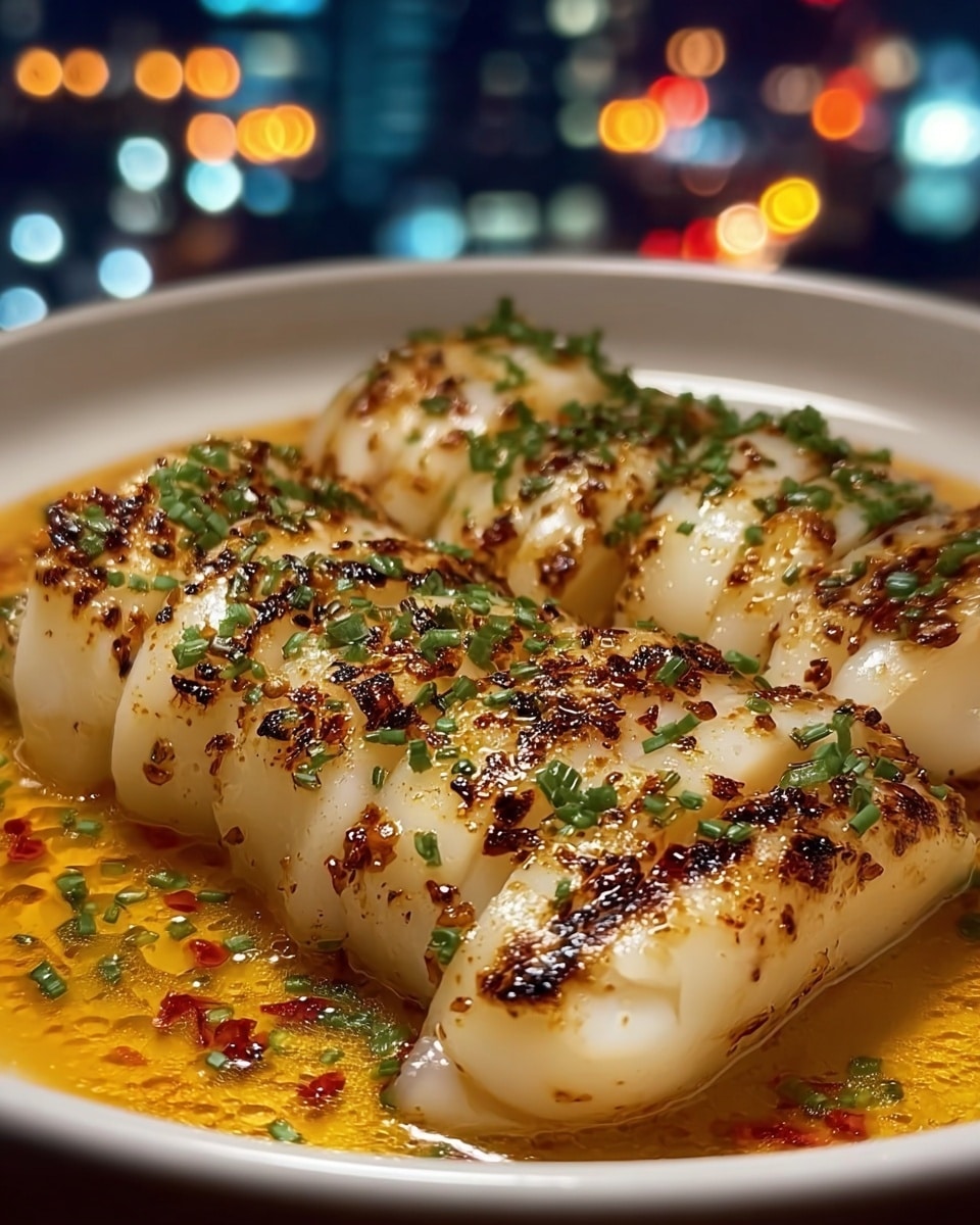 The dish shows a close-up of neatly sliced, white squid tubes arranged in three layers on a white shallow bowl. Each squid piece is grilled with golden brown char marks and light speckles of red chili flakes evenly spread, topped with small green chive bits. The squid rests in a light yellow-orange sauce that gathers gently in the bowl. The background shows unfocused city lights in various colors, adding a vibrant feel. Photo taken with an iphone --ar 4:5 --v 7