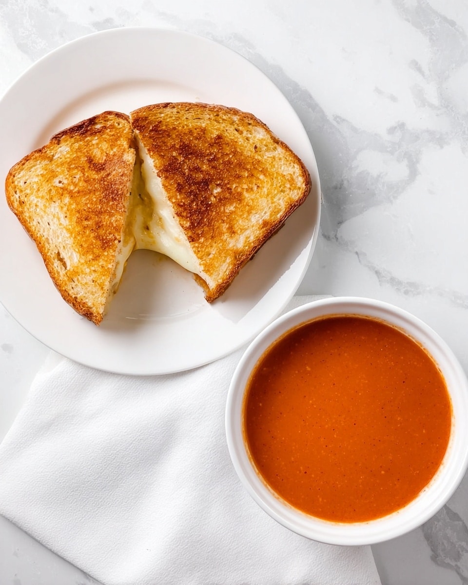 A toasted sandwich cut diagonally in half sits on a white plate, showing melted cheese oozing from the middle. The bread is golden brown with crispy edges and a smooth, slightly shiny surface. Next to the sandwich is a white bowl filled with thick, creamy tomato soup, deep orange-red in color with a smooth texture. Both the plate and bowl rest on a white marbled surface, with a white cloth napkin folded beside them. photo taken with an iphone --ar 4:5 --v 7