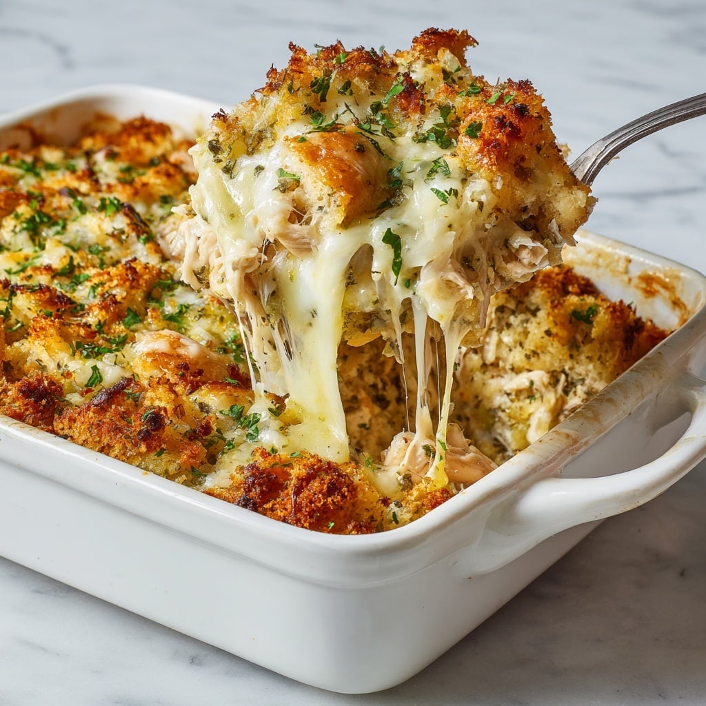 The image shows a white casserole dish filled with Dolly’s chicken and stuffing casserole, featuring a top layer of golden-brown, crispy bread crumbs mixed with fresh chopped herbs. Underneath, layers of creamy, melted cheese stretch as a spoon lifts a portion, revealing tender chunks of shredded chicken and fluffy stuffing beneath. The stuffing is light brown with visible herbs and a slightly crumbly texture. The melted cheese is pale yellow and gooey, creating a rich middle layer between the bread crumb topping and the hearty chicken and stuffing base. The dish is set on a white marbled surface, and a silver serving spoon pulls a generous scoop out, showcasing the combination of ingredients and textures in one delightful serving, photo taken with an iphone --ar 4:5 --v 7