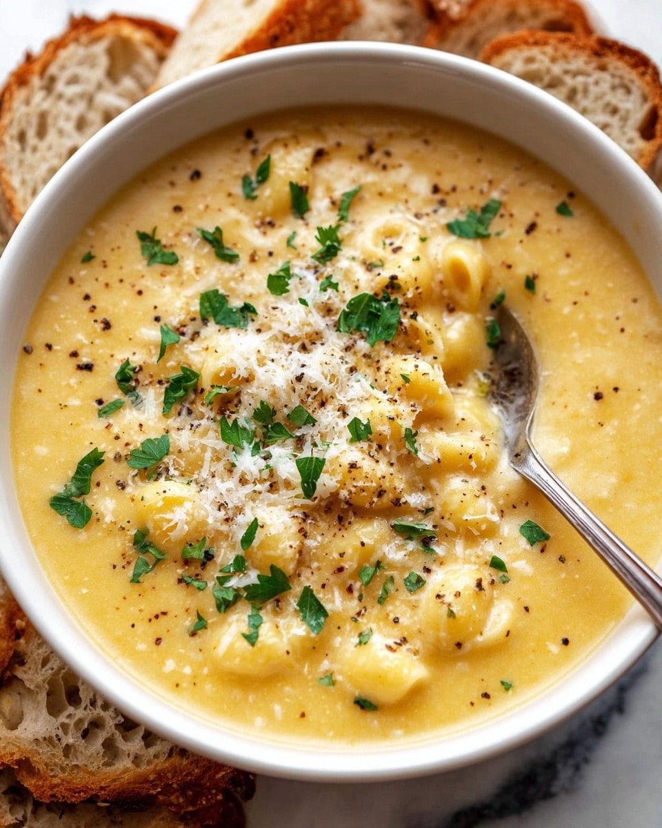 A white bowl filled with thick orange-yellow soup mixed with small pasta pieces, topped with grated white cheese, black pepper specks, and small green parsley leaves. A silver spoon inside the bowl lifts some of the pasta and soup, showing a slightly creamy texture. In the background, there are slices of crusty bread with a light golden-brown crust on a wooden board, all placed on a white marbled surface. photo taken with an iphone --ar 4:5 --v 7
