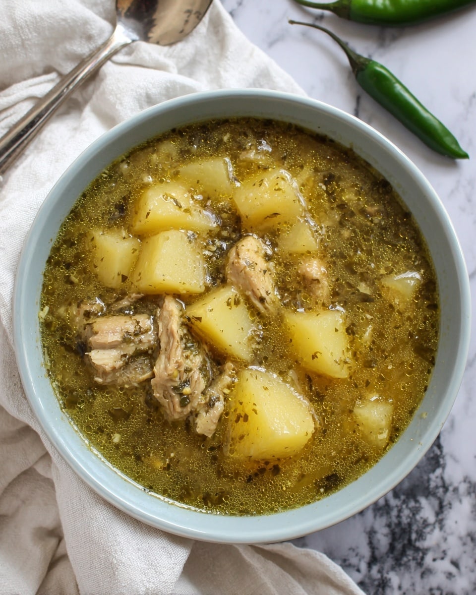 A close-up view of a thick stew served in a white bowl, showing chunks of light yellow potatoes and pieces of pale brown chicken submerged in a greenish, slightly oily broth with visible herbs and small bits of cooked greens. The surface of the stew has a shiny texture from the broth, and the bowl sits on a white marbled surface with a soft white cloth partially visible at the edge. The ingredients are mixed evenly, with the potato and chicken pieces scattered throughout the green broth. Photo taken with an iphone --ar 4:5 --v 7