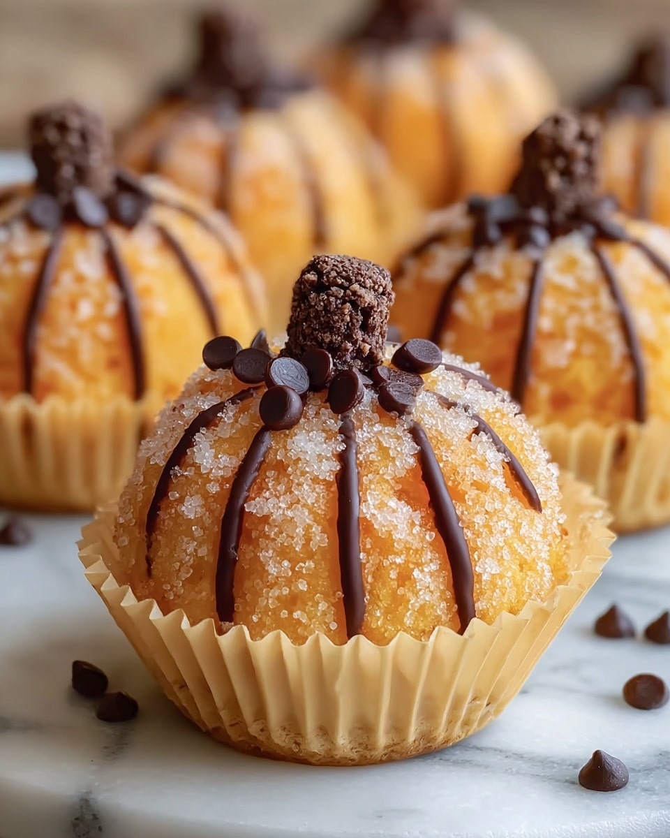 A close-up view of a small pumpkin-shaped cupcake with a yellow base wrapped in a light cream-colored paper liner with ridges. The cupcake's top is coated with a layer of coarse sugar crystals giving it a sparkling texture. Thin lines of dark chocolate drizzle run from the center to the sides, creating pumpkin-like grooves. On top, there are clustered dark chocolate chips surrounding a small, rough-textured, brown stem made of chocolate or cookie, standing upright in the center. The same cupcakes are blurred in the background on a white marbled surface. photo taken with an iphone --ar 4:5 --v 7