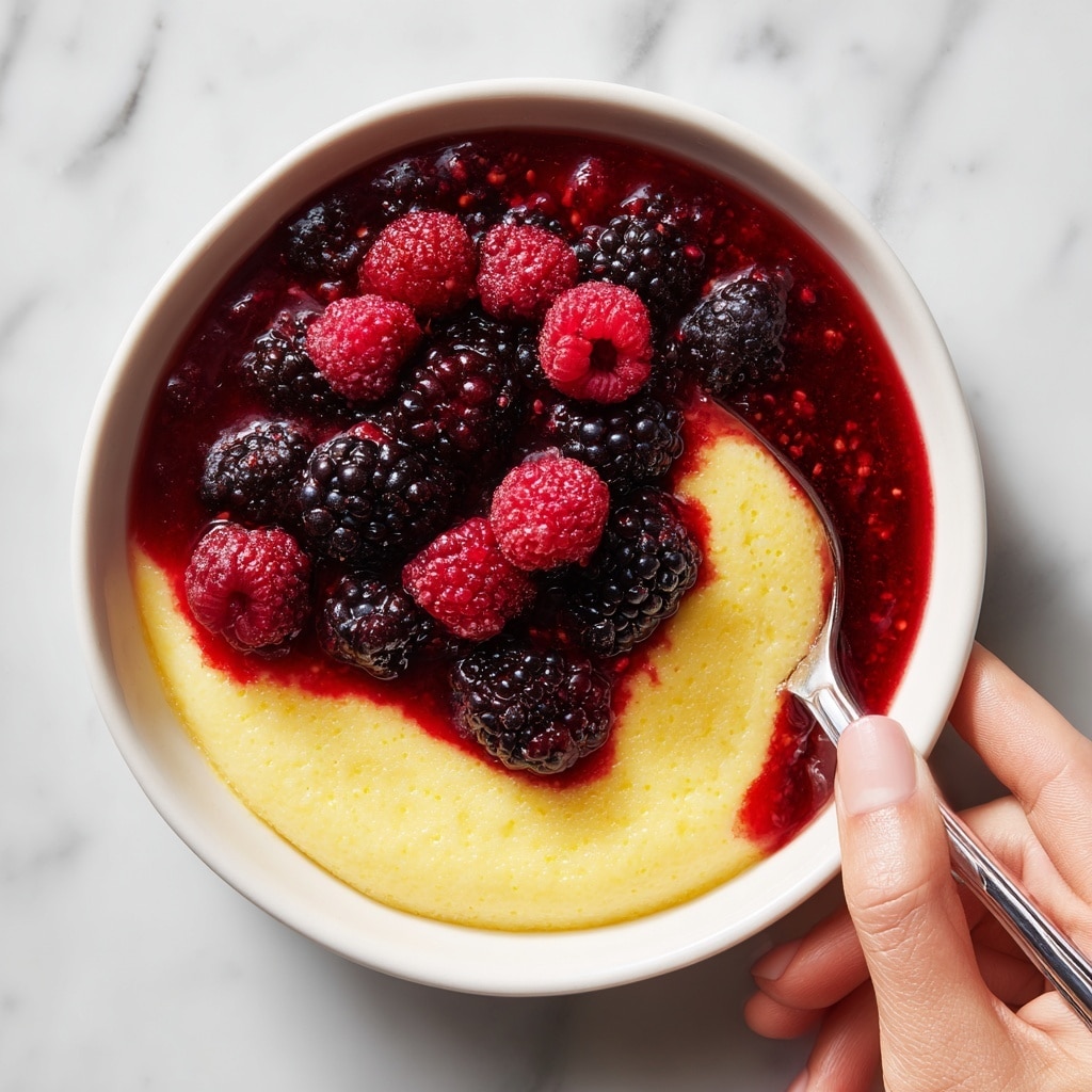A white bowl filled with creamy yellow pudding is topped with a layer of bright red berry sauce that has a slightly chunky texture. On top of the sauce, there are fresh blackberries and raspberries, showing their rich dark purple and vibrant red colors, arranged in a small pile. Part of a spoon held by a woman's hand can be seen inside the bowl, breaking into the dessert. The bowl is placed on a white marbled surface. Photo taken with an iphone --ar 4:5 --v 7