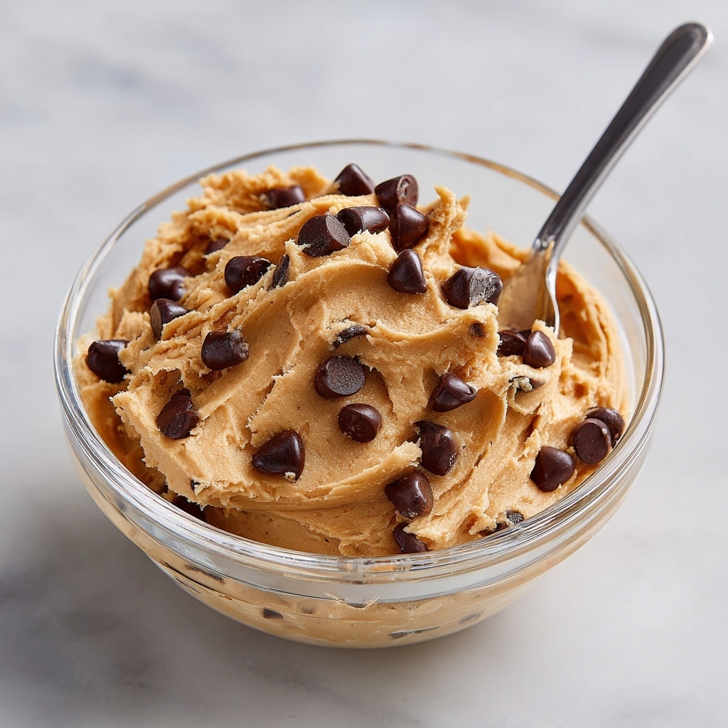 A close-up image shows a silver spoon lifting a scoop of raw cookie dough with chocolate chips from a clear glass bowl filled with more of the same dough. The dough is light brown with a slightly crumbly, grainy texture and dark brown chocolate chips embedded within it. The background has a soft focus on more dough, all set on a white marbled surface. photo taken with an iphone --ar 4:5 --v 7