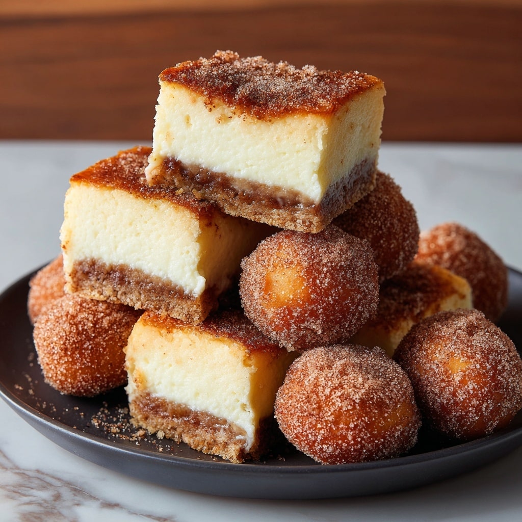 A cheesecake with three visible layers: a bottom golden brown crust, a middle creamy beige filling with small light brown specks, and a darker golden brown top crust layer. On top, there are six small round doughnut-like pastries covered in cinnamon sugar, stacked unevenly with some leaning and one resting on its side. The cake sits on a round black plate placed on a wooden surface, with a white marbled texture background. A half yellow apple is partially visible on the left side, and a few doughnut pastries are scattered around the plate. photo taken with an iphone --ar 4:5 --v 7