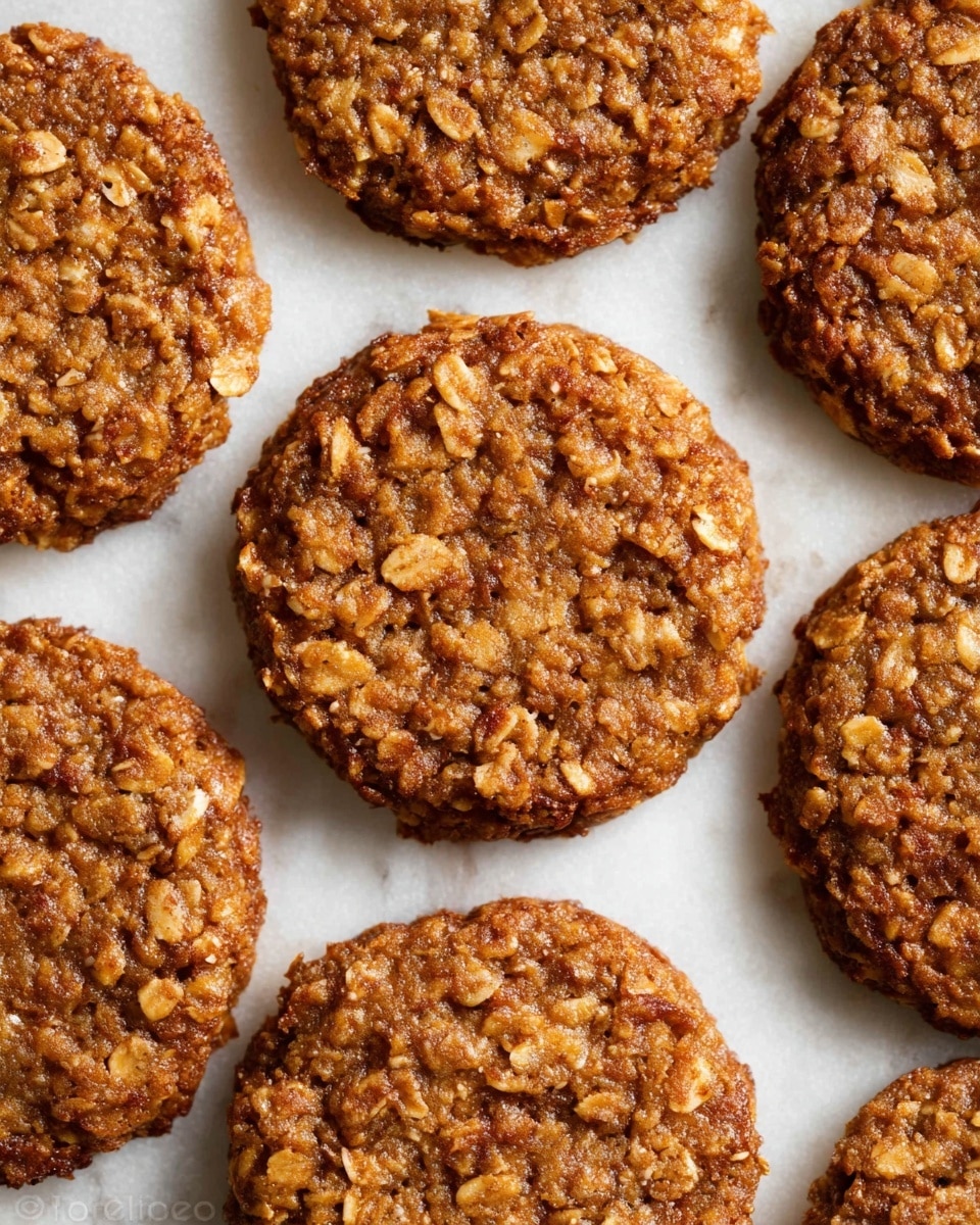 The image shows four round oatmeal cookies with a rough, textured surface highlighting the oats in the dough. They are golden brown with slightly darker edges, lying on white parchment paper placed on a metal baking tray. The cookies have a soft, chewy look with small cracks and visible oat pieces evenly spread across each cookie. The background is a white marbled texture. photo taken with an iphone --ar 4:5 --v 7