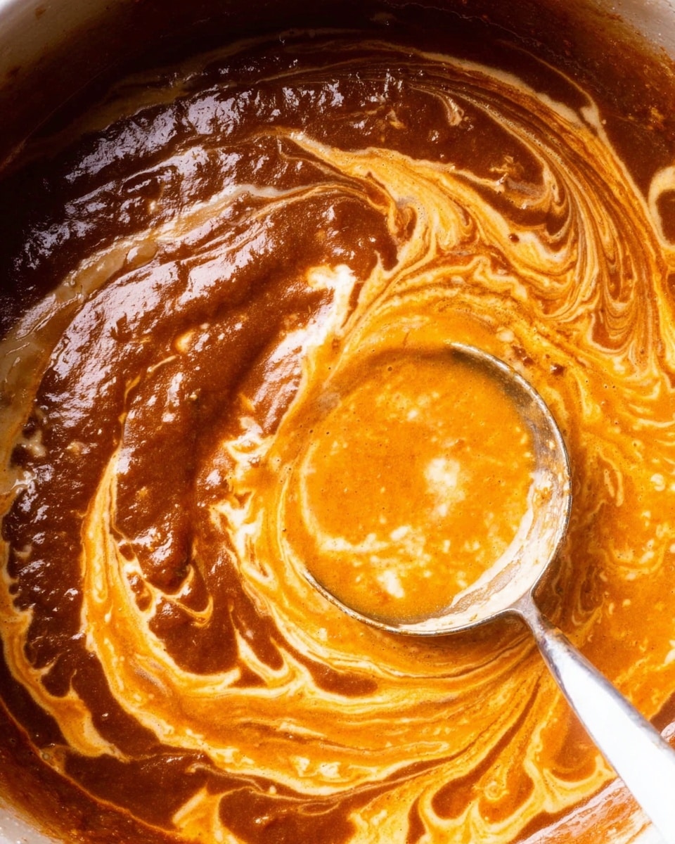 A close-up view of a pot with thick stew showing two main layers swirling together: a dark brown, almost chocolatey layer with a rough texture and a bright orange creamy layer that is smooth and slightly glossy. The layers mix unevenly creating a marbled effect with light beige swirls where they meet. A silver ladle is partly submerged in the stew, reflecting the orange color and adding a shiny highlight. The background is a white marbled texture. photo taken with an iphone --ar 4:5 --v 7