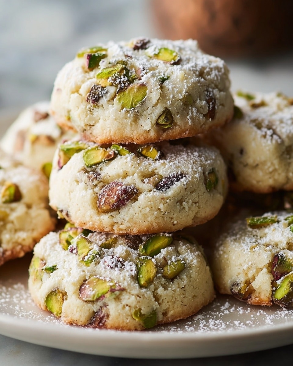 A close-up image of several small round cookies stacked on a white plate, each cookie is light beige with a crumbly texture, embedded with green and brown pistachio pieces throughout the layers, and topped with a thin dusting of white powdered sugar. The cookies have a slightly browned bottom edge, showing a crisp base, while the top and sides are soft and textured with visible nut chunks. The background features a white marbled surface that complements the warm tones of the cookies, enhancing their rich, nutty appearance. photo taken with an iphone --ar 4:5 --v 7