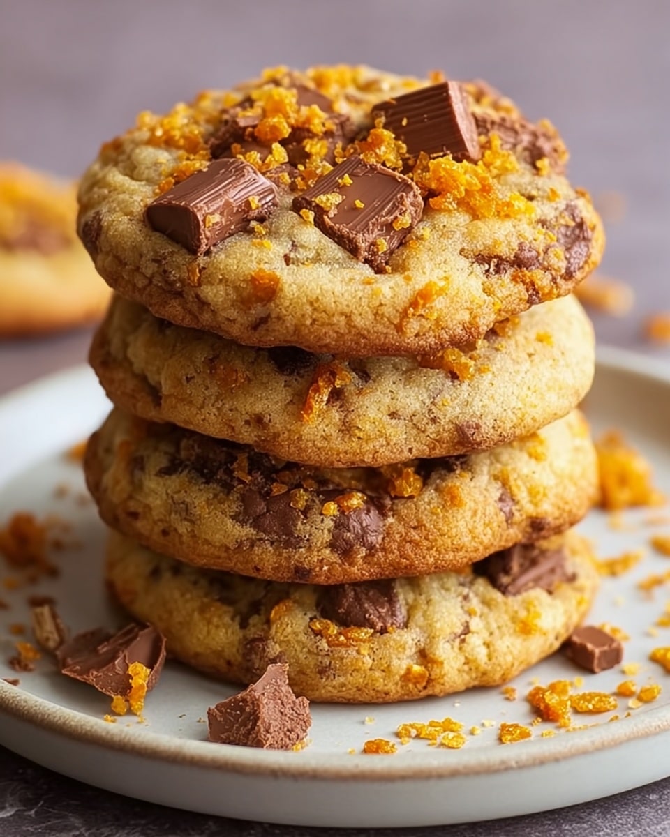A stack of four thick, round cookies sits centered on a white plate, placed on a white marbled surface. Each cookie has a golden-brown, soft texture with visible chocolate chunks baked inside. The top cookie is sprinkled with jagged pieces of light brown toffee and medium-sized milk chocolate chunks scattered unevenly on its surface. Crumbs and small pieces of toffee surround the base of the stack, enhancing the warm, inviting look. The background is softly blurred, focusing all attention on the rich details and textures of the cookies. photo taken with an iphone --ar 4:5 --v 7