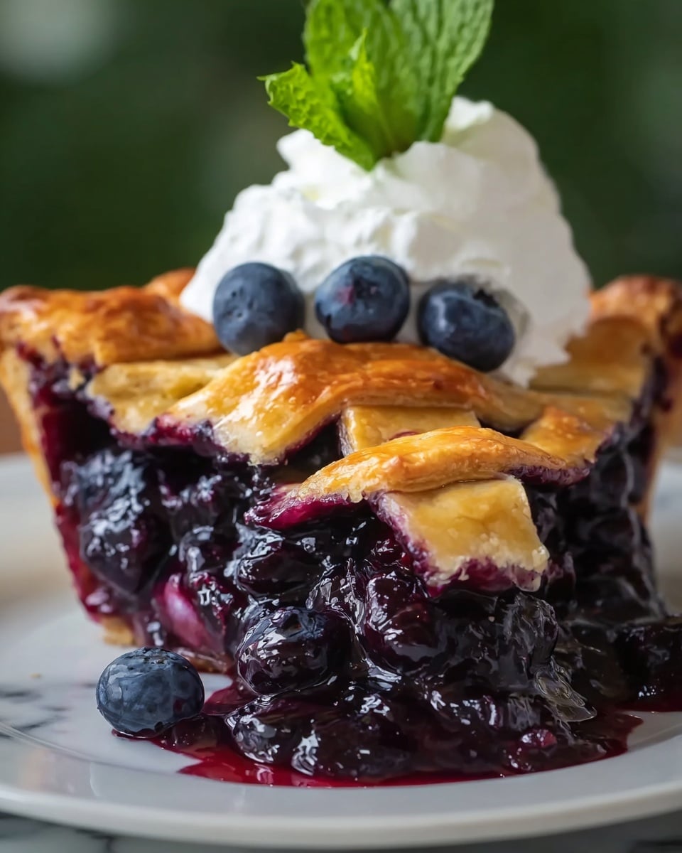 A close-up of a round pie in a white ceramic dish, filled with deep purple blueberry filling that is glossy and thick, spilling over the edge. The pie has a golden-brown lattice crust on top with a slightly crunchy texture and sugar crystals visible on the dough. Fresh blueberries are scattered at the base of the dish on a white marbled surface, adding a fresh element. The crust edges are crimped and have a flaky look with some darker baked areas. photo taken with an iphone --ar 4:5 --v 7