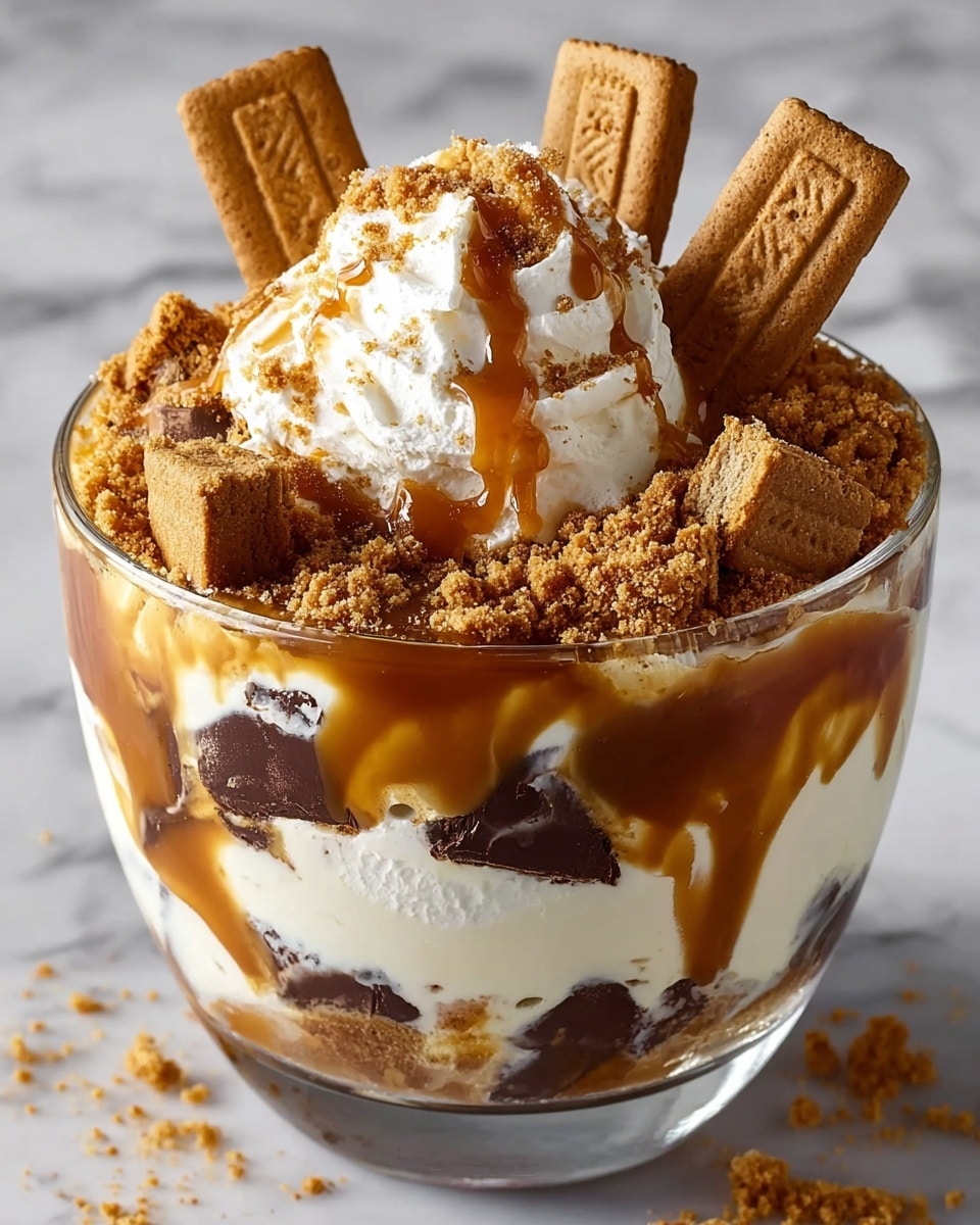 A clear glass bowl shows a layered dessert starting with a bottom layer of dark brown crushed cookies. Above that is a thick layer of smooth, light cream. The middle layer is made of more cookies soaked in caramel sauce, which is dark amber and drips down the sides inside the glass. Another thick layer of cream sits on top, covered with swirled white whipped cream. The whipped cream is sprinkled with fine crumbs and drizzled with rich caramel sauce. On top, whole caramel-colored rectangular cookies stand upright, adding texture and height. The bowl is set on a white marbled surface. photo taken with an iphone --ar 4:5 --v 7