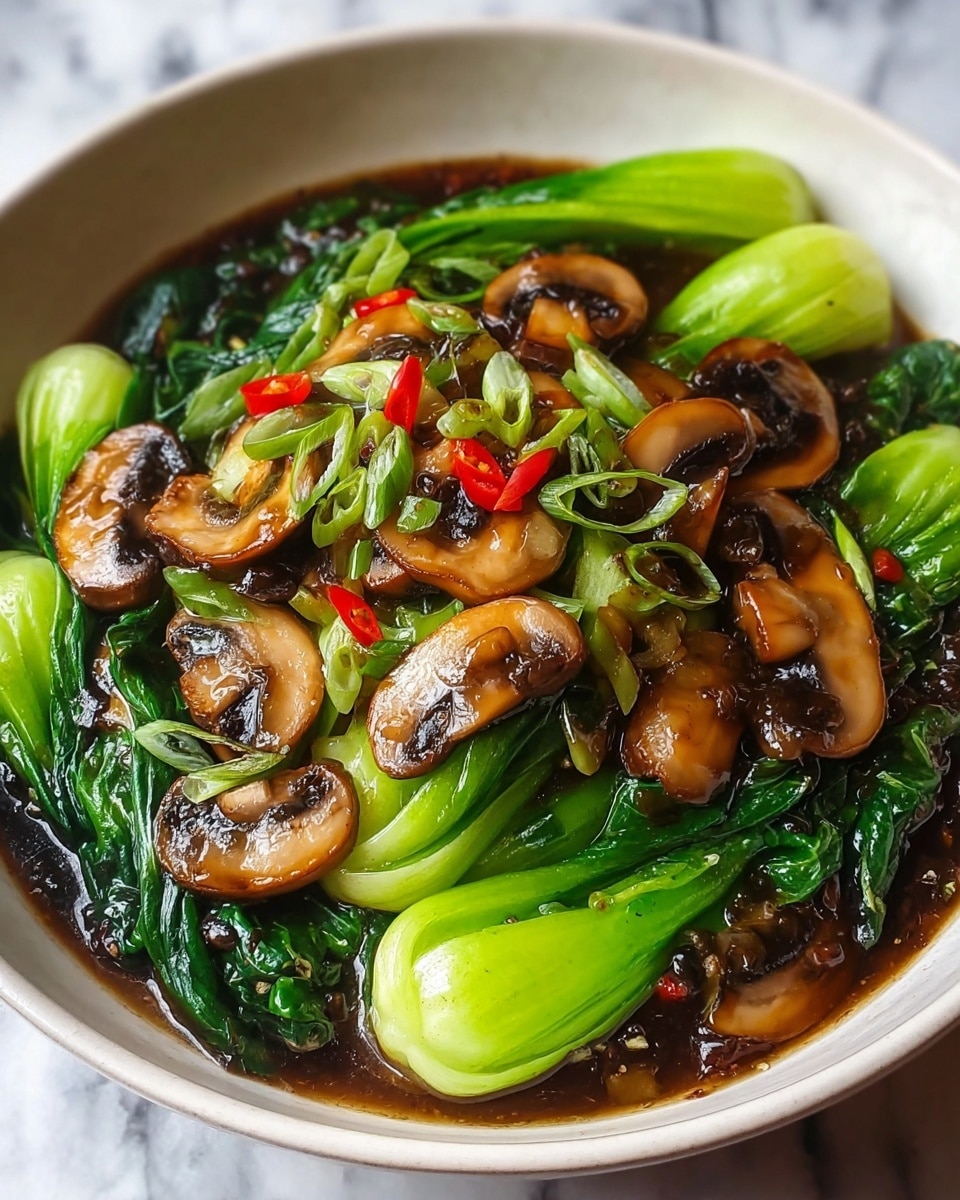 A bowl filled with a colorful stir-fry of sliced brown mushrooms, vibrant green bok choy with smooth light green stalks and deep green leaves, and chopped green onions sprinkled on top, along with small pieces of red chili adding a pop of color. The ingredients are coated in a glossy dark sauce that gives a shiny texture, resting in a white bowl placed on a white marbled surface. photo taken with an iphone --ar 4:5 --v 7
