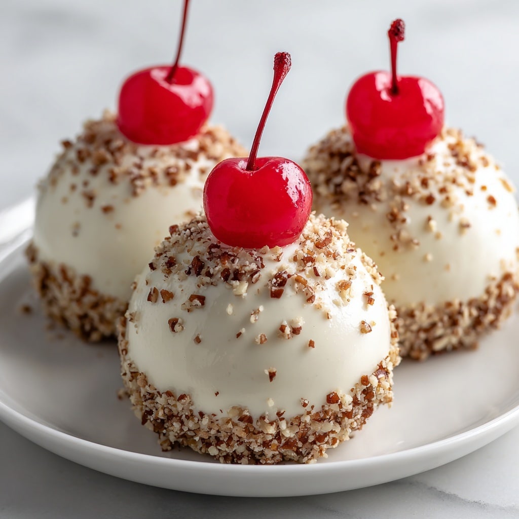The image shows three round Christmas Cherry Bombs lined up close together on a white plate. Each ball is covered in a layer of smooth, shiny white frosting that looks creamy. On top of every ball, there is a bright red cherry with a stem, placed in the center. The sides of the balls are coated with small, crunchy brown nut pieces, adding texture. The white plate sits on a white marbled surface, making the red cherries and nut coating stand out clearly. Photo taken with an iphone --ar 4:5 --v 7
