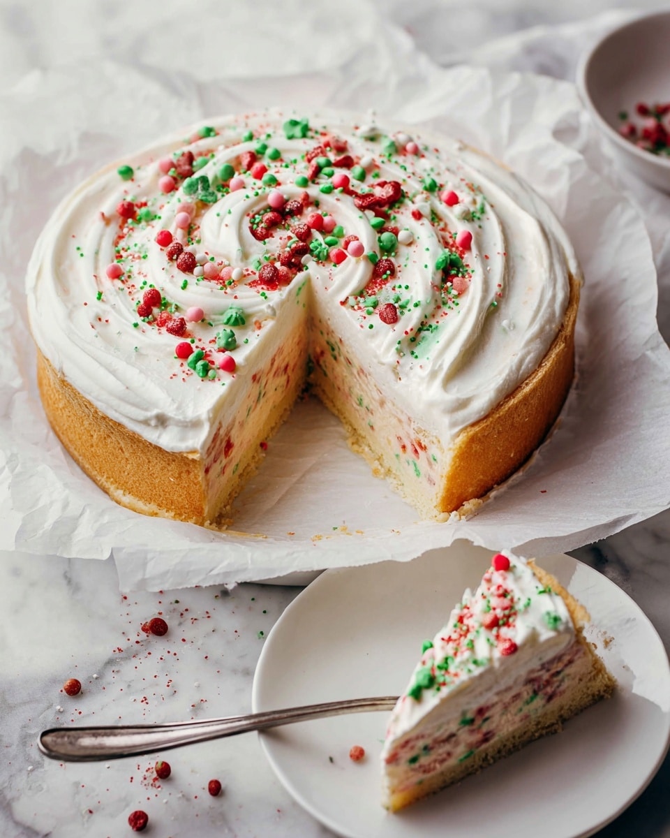 A round cake with a golden-brown crust visible at the bottom and edges, topped with a thick, smooth layer of white frosting spread evenly over the surface. The frosting is decorated with a mix of small round and long sprinkles in red, green, pink, and white scattered across the top, focused more toward the center. One slice is cut out and resting on a white plate with a silver fork beside it, showing the inside of the cake which is light-colored with small red and green specks, matching the theme of the sprinkles on top. The cake and plate sit on a white marbled textured surface with some scattered sprinkles around. photo taken with an iphone --ar 4:5 --v 7