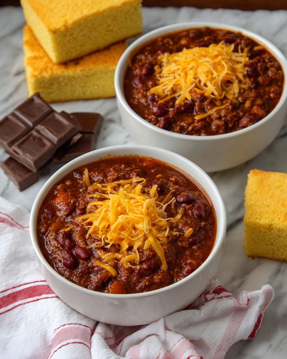 Two white bowls filled with chili sit on a white cloth with red stripes, placed on a white marbled surface. Each bowl holds a thick layer of dark reddish-brown chili made with ground meat and kidney beans, topped with a layer of melted shredded yellow cheddar cheese. In the background, there are two square pieces of light yellow cornbread stacked on a white marbled surface, along with a jar of amber-colored drink and two pieces of chocolate. The overall setting has a warm, rustic feel. photo taken with an iphone --ar 4:5 --v 7