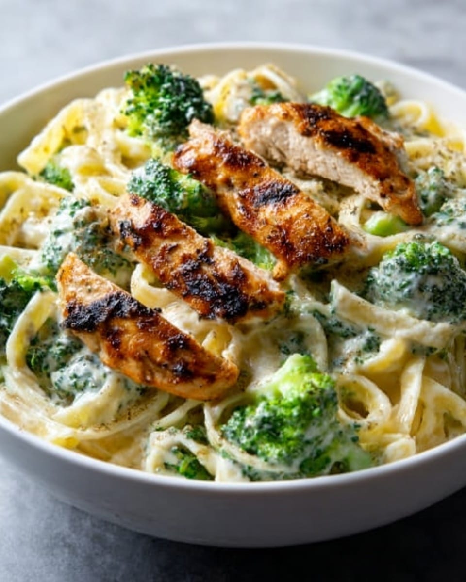 The image shows a white bowl filled with creamy fettuccine pasta mixed with bright green broccoli pieces. On top of the pasta, there are three pieces of grilled chicken with visible char marks that add texture and a golden-brown color. The creamy sauce coats the pasta and broccoli evenly, giving a smooth, white finish with hints of green from the broccoli. The bowl is placed on a white marbled surface, highlighting the fresh and rich colors of the dish. Photo taken with an iphone --ar 4:5 --v 7