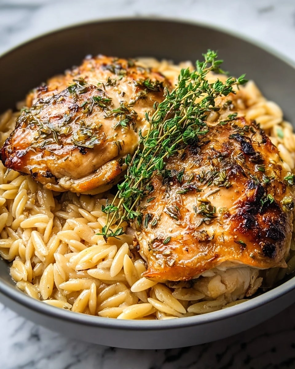 A white bowl filled with a base layer of golden, glossy orzo pasta, each piece slightly shiny and coated in sauce, creating a textured bed. On top, there are two large pieces of grilled chicken with crisp, golden-brown skin speckled with herbs and small bits of garlic, showing slight charring and a juicy appearance. A small bunch of fresh green thyme rests on the chicken, adding contrast and freshness. The dish is set on a white marbled surface. photo taken with an iphone --ar 4:5 --v 7