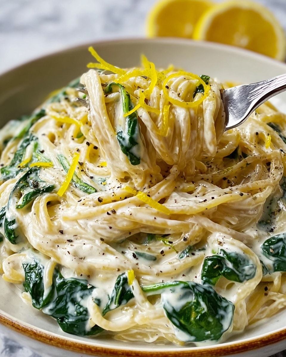 A close-up view of a creamy pasta dish in a white bowl set on a white marbled texture. The dish has two main layers: thick spaghetti noodles coated in a smooth, white cream sauce and spinach leaves mixed evenly throughout, adding a dark green color. On top, there are thin yellow lemon zest strips and a sprinkle of black pepper. A fork is twisting some pasta at the top right, lifting the noodles and cream. In the background, two lemon wedges add a bright yellow accent. photo taken with an iphone --ar 4:5 --v 7