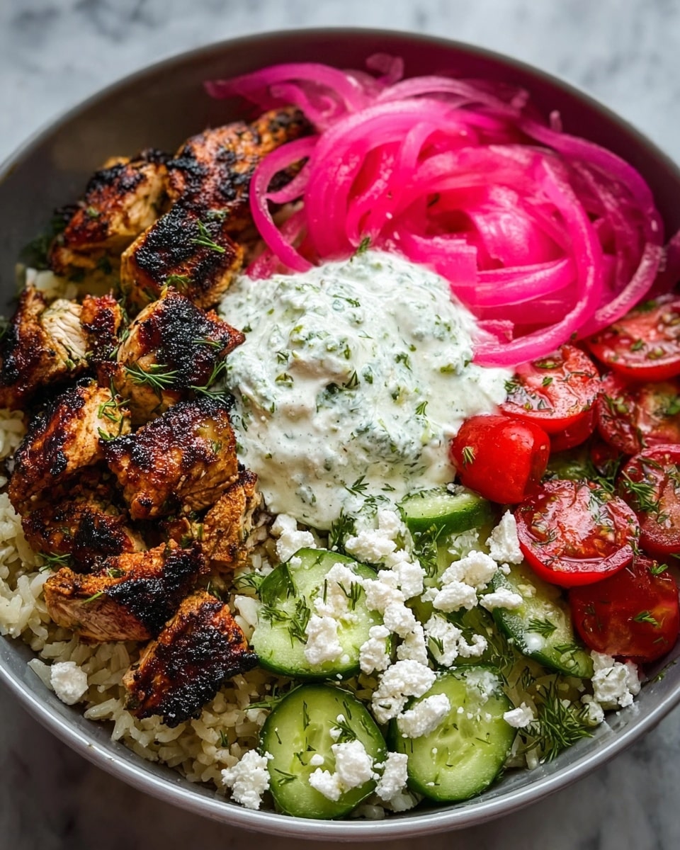 The dish is served in a white bowl filled with several layers. The bottom layer is light brown rice covering the base. On top of the rice, there are grilled chicken pieces with a charred, dark brown texture arranged along one side. Next to the chicken, there are bright pink pickled onions with a thin, soft texture. A creamy white sauce with green herbs is placed in the center, looking thick and smooth. On one side of the bowl, there are thin cucumber slices that are light green with a fresh look, sprinkled with small bits of white cheese and herbs. Next to the cucumbers, halved cherry tomatoes show a bright red color with a juicy texture, also topped with small white cheese crumbles and green herbs. The whole bowl is placed on a white marbled surface, giving a clean and fresh feel. Photo taken with an iphone --ar 4:5 --v 7