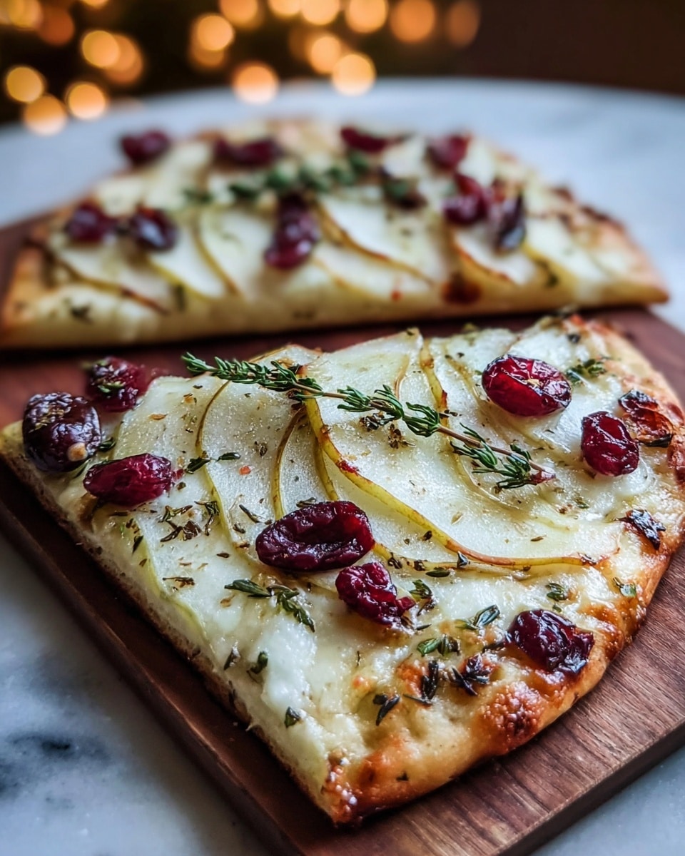 Two small flatbreads are shown on a wooden board placed on a white marbled texture. Each flatbread has a golden-brown crust with melted cheese as the base layer. On top, there are thin, white slices of what looks like pear arranged neatly, with small red dried cranberries scattered across. Green herbs, likely thyme, are sprinkled all over, with a small sprig of thyme placed on one flatbread as a garnish. The melted cheese has slightly browned spots, giving a crispy texture, while the fruit and herbs add vibrant reds and greens to the creamy white and light golden tones. photo taken with an iphone --ar 4:5 --v 7