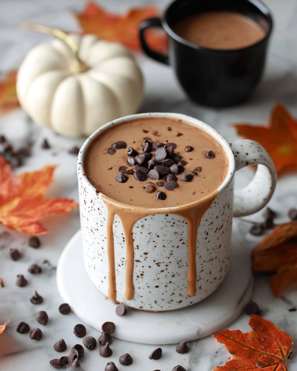 A white speckled mug filled with light brown hot chocolate, topped with scattered dark chocolate chips and a small pile of chips in the center, with chocolate spilling over the mug’s rim and dripping down its side; the mug sits on a white marbled surface surrounded by dark chocolate chips, autumn-colored leaves, and a small white pumpkin in the background, with a black cup filled with similar hot chocolate slightly out of focus behind the mug. photo taken with an iphone --ar 4:5 --v 7