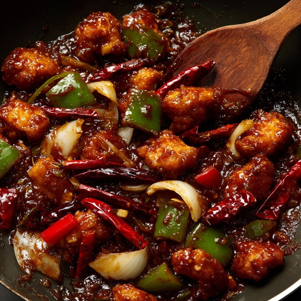 The image shows a close-up of a stir-fry dish in a black pan with pieces of glossy, golden-brown fried chicken coated in a thick, shiny brown sauce. Mixed among the chicken are chunky pieces of green and red bell peppers, white onion, and whole deep red dried chili peppers, adding bright colors and textures. A wooden spoon is partly visible, stirring the ingredients. The sauce creates a rich, slightly sticky look covering the chicken and vegetables. The background shows the black pan surface. photo taken with an iphone --ar 4:5 --v 7