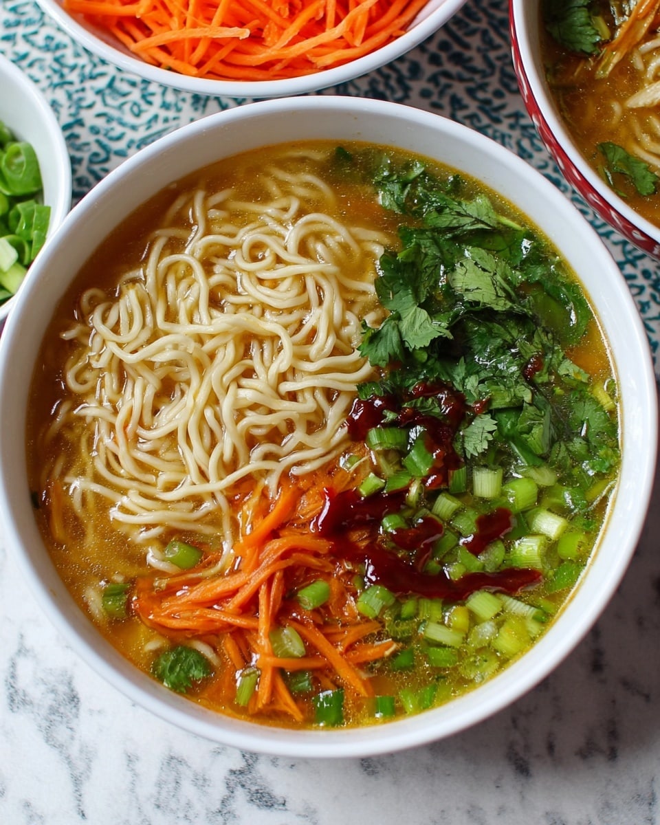 A white bowl filled with a clear, light brown broth containing three visible sections: on the left, light beige noodles piled loosely; on the top right, leafy green herbs like cilantro floating on the broth; on the bottom right, thin orange carrot strips and chopped green onions with a drizzle of dark red sauce over them. The bowl sits on a white marbled surface with parts of other white bowls containing more noodles and shredded carrots partly visible around it. Photo taken with an iphone --ar 4:5 --v 7