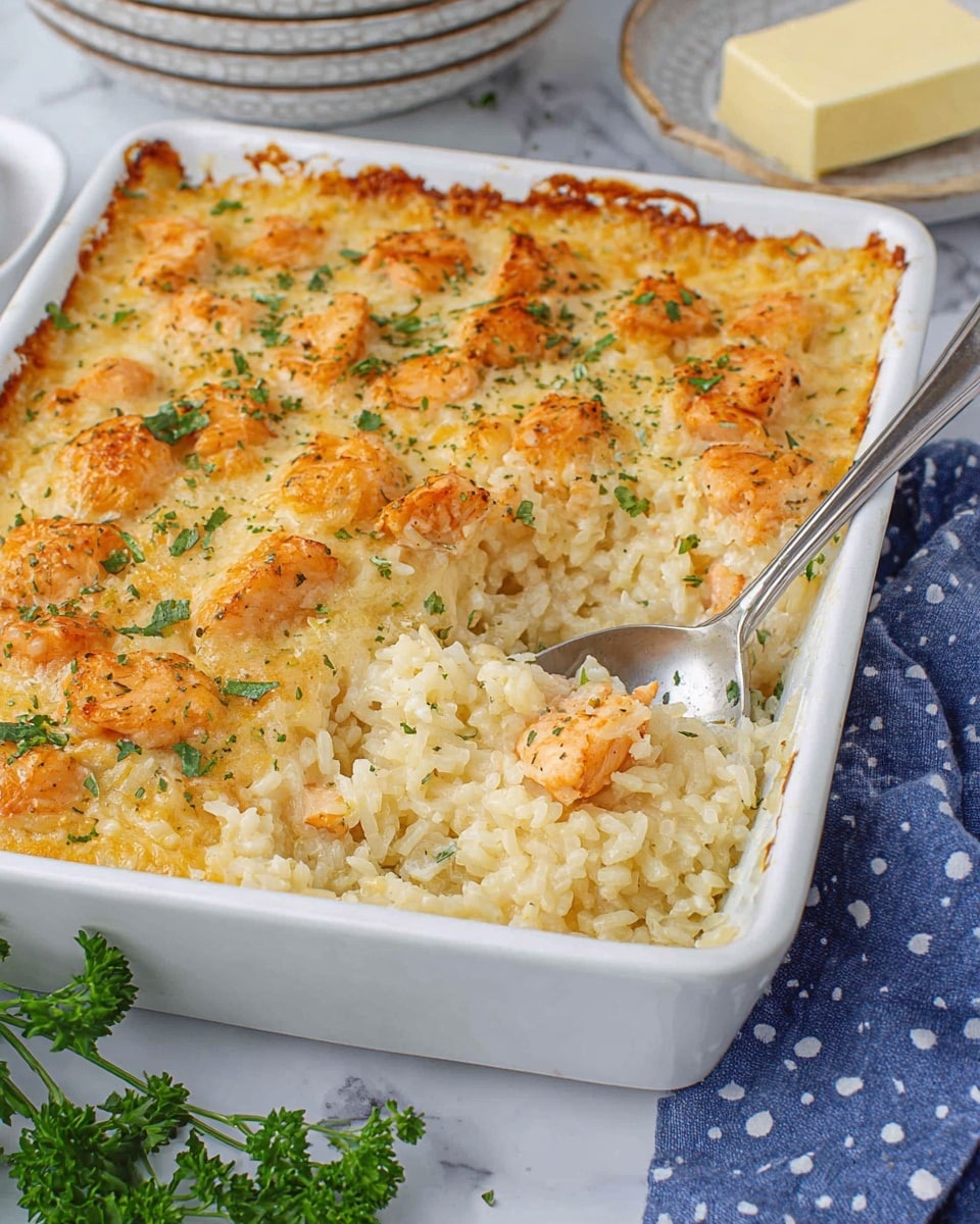 A white rectangular baking dish contains a creamy baked rice casserole with a golden brown top layer dotted with small baked chicken pieces that are colored light orange and slightly crisp. The casserole has a thick, creamy texture with visible grains of cooked rice in a pale yellow sauce underneath the chicken. Green parsley flakes are sprinkled over the top for color contrast. A silver spoon rests inside the dish, scooping out some of the casserole, revealing the moist rice and sauce layers beneath the browned surface. The dish sits on a white marbled surface, next to a folded blue cloth with white polka dots and a few green parsley leaves. In the background, there are stacked white plates with a textured rim and a slab of butter on a white dish. Photo taken with an iphone --ar 4:5 --v 7