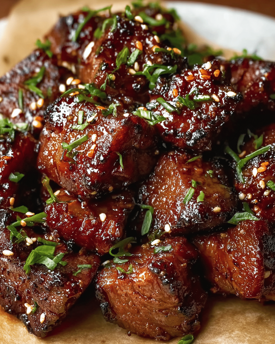 A close-up of several bite-sized pieces of dark brown, glossy glazed meat piled together, each piece showing a slightly charred texture with a sticky sauce coating. Bright green chopped herbs and white sesame seeds are sprinkled over the meat, adding fresh contrast. The pieces look juicy and tender with a shiny, caramelized surface, resting on a sheet of light brown parchment paper over a white marbled texture. photo taken with an iphone --ar 4:5 --v 7