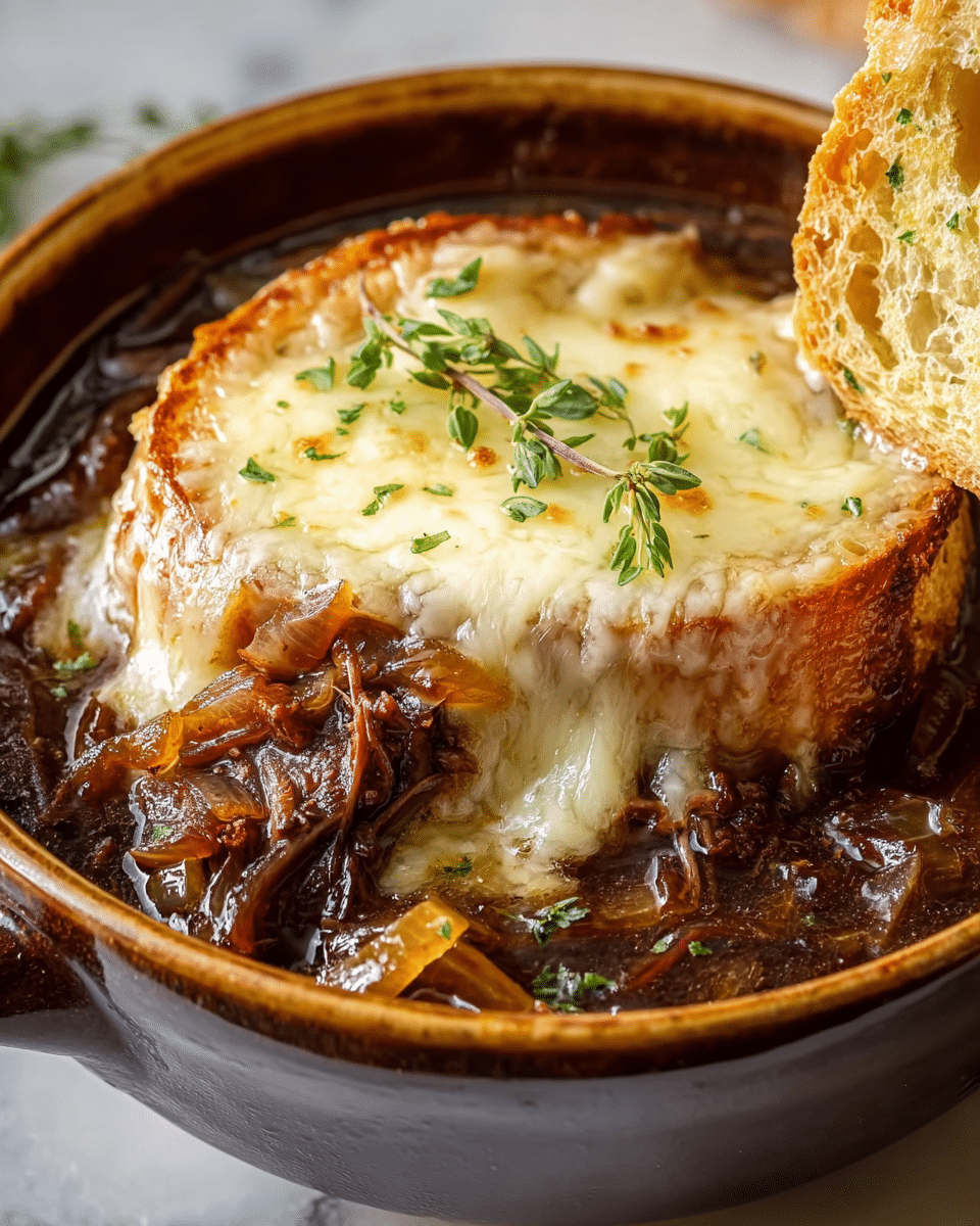 The image shows a close-up of a bowl of French onion soup with three clear layers. The bottom layer is a rich dark brown broth with visible cooked onions soaked in it. Above the broth, there is a thick piece of toasted white bread with a crust that is a golden brown color. On top of the bread, there is a thick, melted layer of white cheese that is slightly browned and bubbly, with a few melted spots and a sprig of green herb (thyme) placed on it. A large silver spoon is partially submerged in the broth and is resting inside the bowl. A piece of bread is partly visible being held near the bowl. The bowl is white, set on a white marbled background. Photo taken with an iphone --ar 4:5 --v 7
