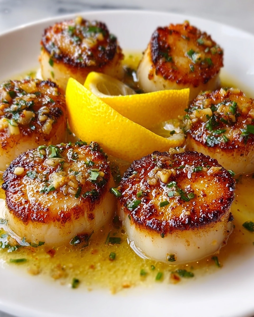 The image shows six golden-brown seared scallops arranged closely on a white plate, each scallop having a nice crispy dark brown crust on top and around the edges, with a tender, creamy white center. The scallops are sprinkled with small green chopped herbs and bits of garlic, adding texture and color contrast. Underneath and around the scallops is a light yellow buttery sauce that looks glossy and slightly oily, pooling gently on the plate. In the middle of the scallops, two bright yellow lemon wedges with a fresh, juicy texture sit on top of the sauce, adding a vibrant pop of color. The plate sits on a white marbled surface. photo taken with an iphone --ar 4:5 --v 7