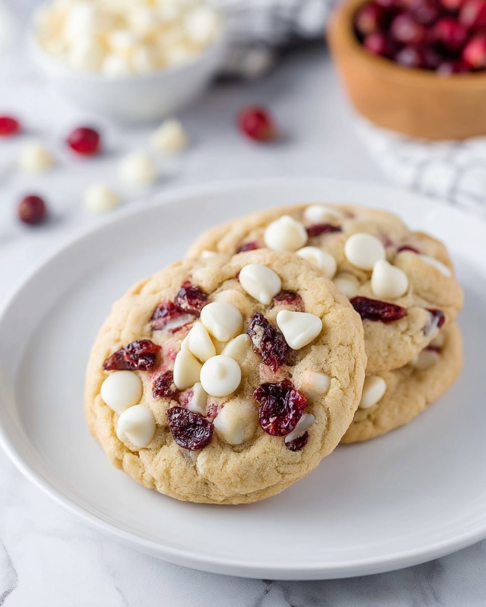 Two soft, round cookies rest on a white plate placed on a white marbled surface. Each cookie has a light beige dough base with a slightly cracked texture. They are embedded with several glossy, dark red dried cranberries and smooth, creamy white chocolate chips spread evenly across the surface, creating a mix of red and white spots on the light dough. The cookies are slightly stacked, with one partially overlapping the other. The background includes a blurred brown bowl with more dried cranberries, adding depth to the image. photo taken with an iphone --ar 4:5 --v 7